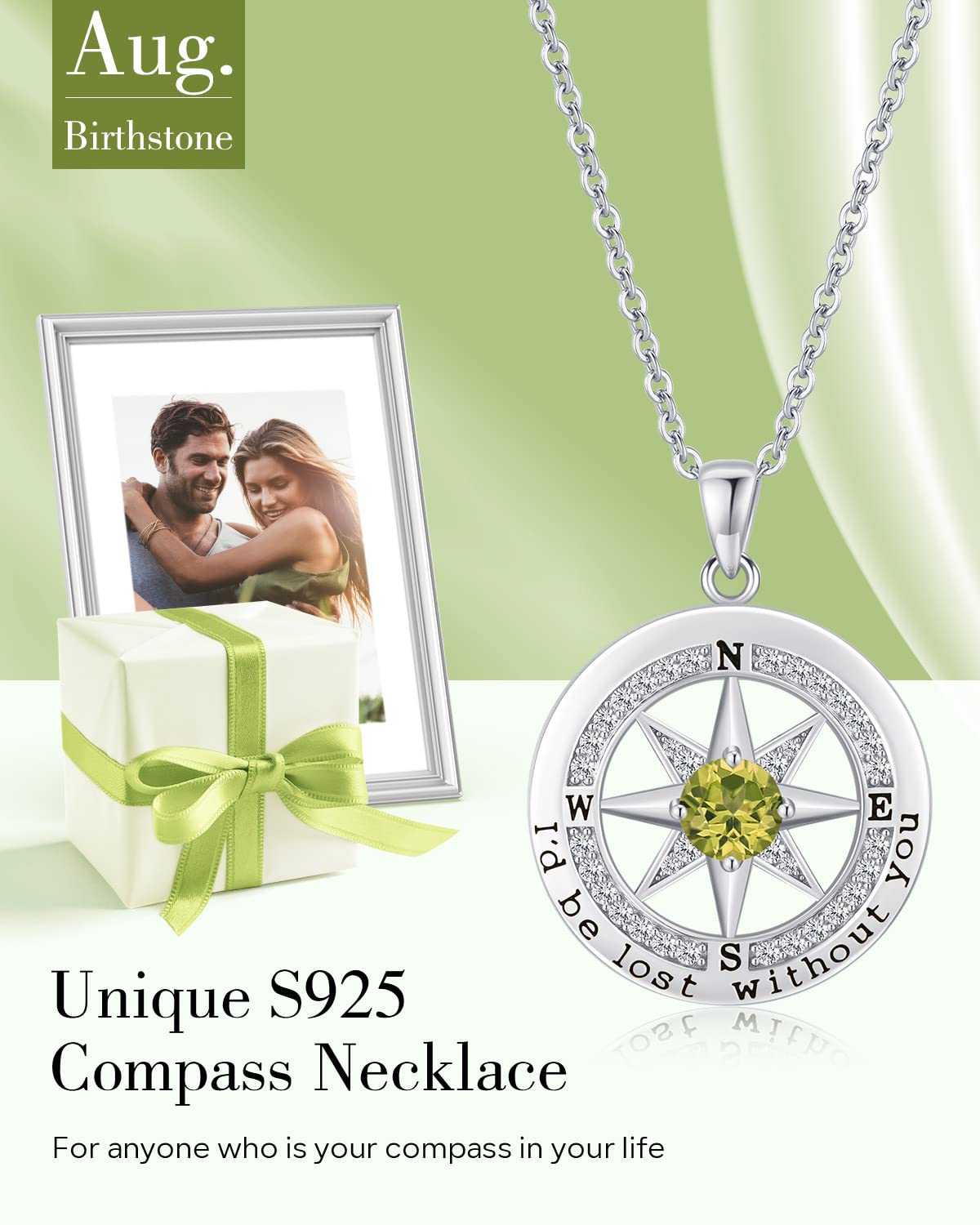 S925 Necklace Gift for Wife |Compass Jewelry |Women Anniversary |Sterling Silver |Girlfriend Birthday Gifts for Her Valentines |I'd be Lost without You |Jewel 18K Gold
