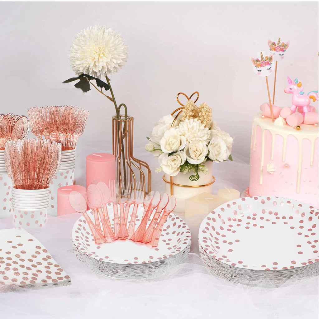 AIRE 175PCS White and Gold Party Supplies, Heavy Duty Disposable Dinnerware Set Serves 25, Paper Plates Plastic Forks Knives Spoons for Birthday,Graduation, Bridal Shower Decoration