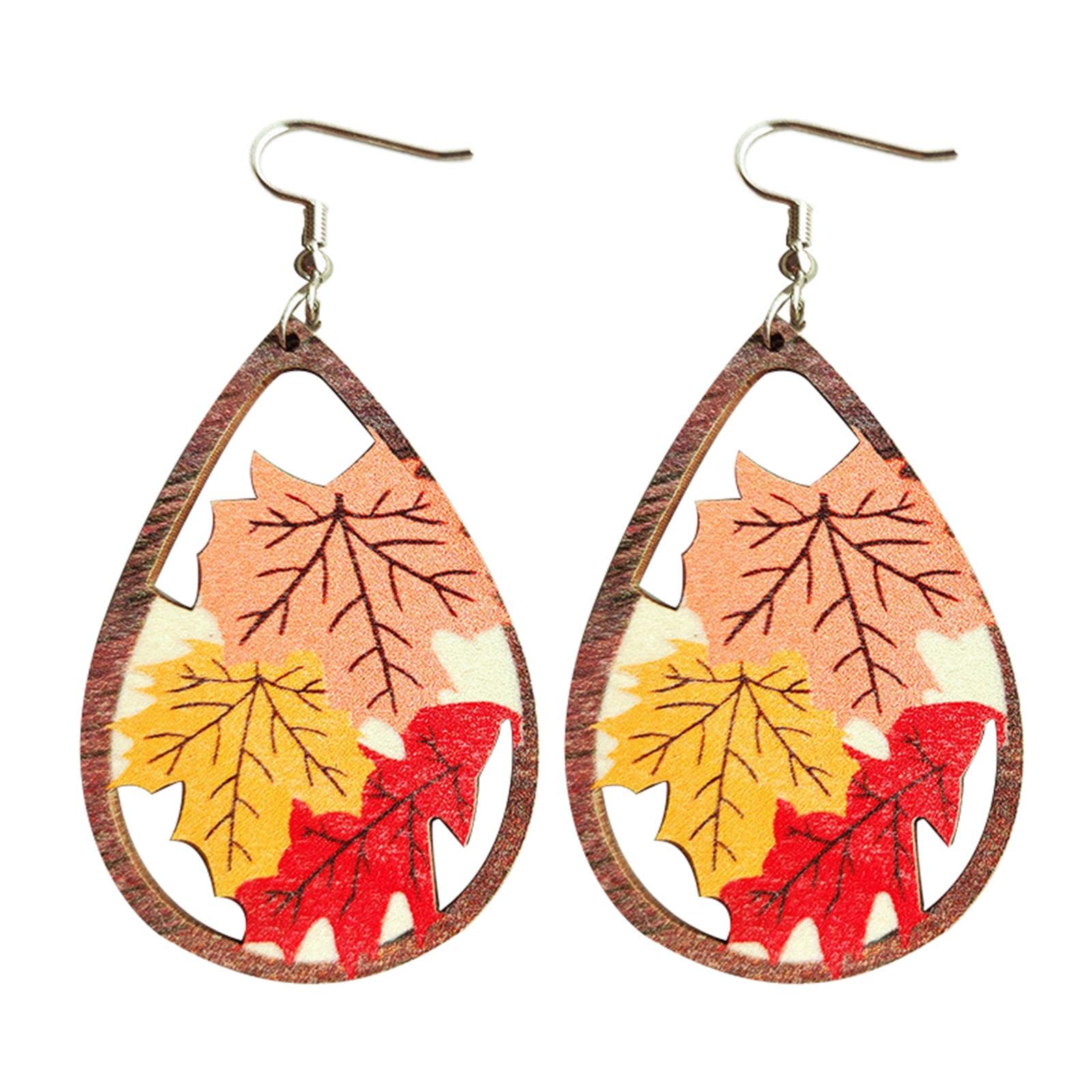 Cute Thanksgiving Turkey Pumpkin Maple Leaf Dangle Earrings Colorful Sunflower Wooden Thanksgiving Fall Earrings for Women Jewelry