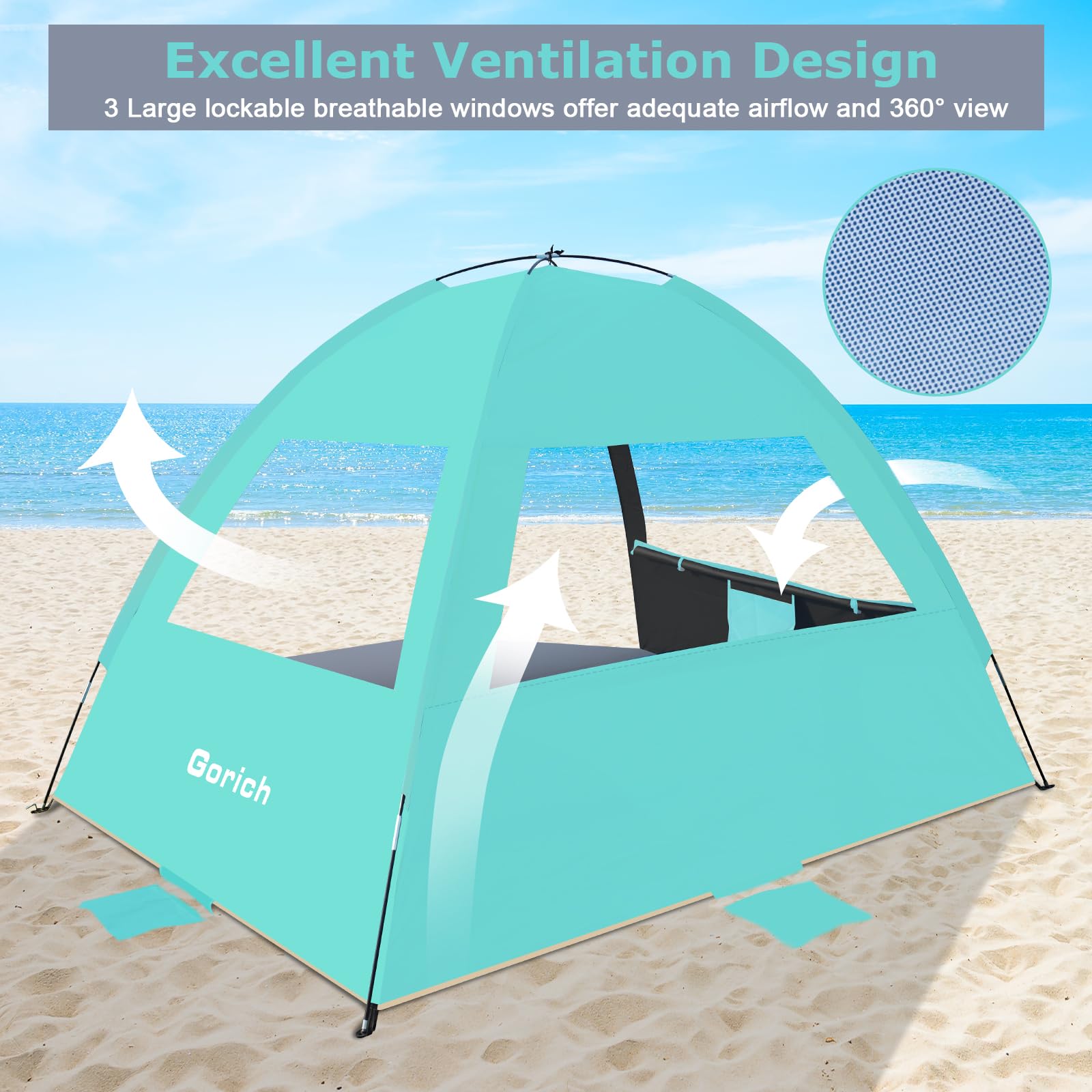 Gorich Beach Tent Sun Shelter for 3/4/6/8/10 Person with UPF 50＋ UV Protection, Lightweight & Easy Setup Beach Shade Canopy, Portable Beach Shade Tent Beach Cabana
