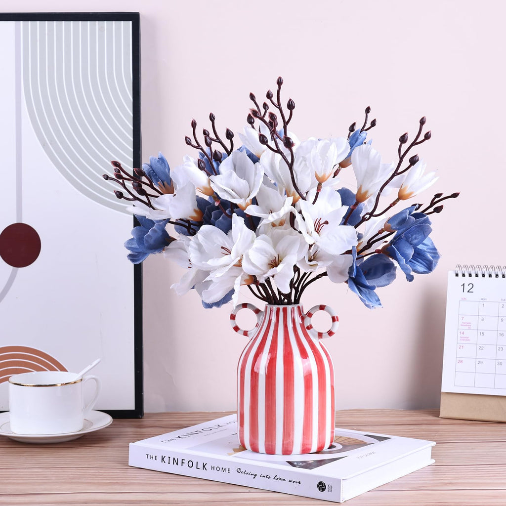 LCCCK Red and White Ceramic Vase, Mid Century Modern Striped Small Vases for Flower&Pampas Grass Centerpiece, Red White Checkered Vase for Dining Table Kitchen Tabletop Minimalist Decorative