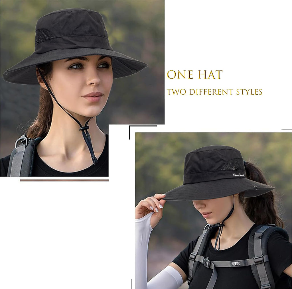 Womens Summer Sun Hat Beach Hat Wide Brim Outdoor UV Protection Hat Packable Mesh Bucket Hat with Ponytail Hole