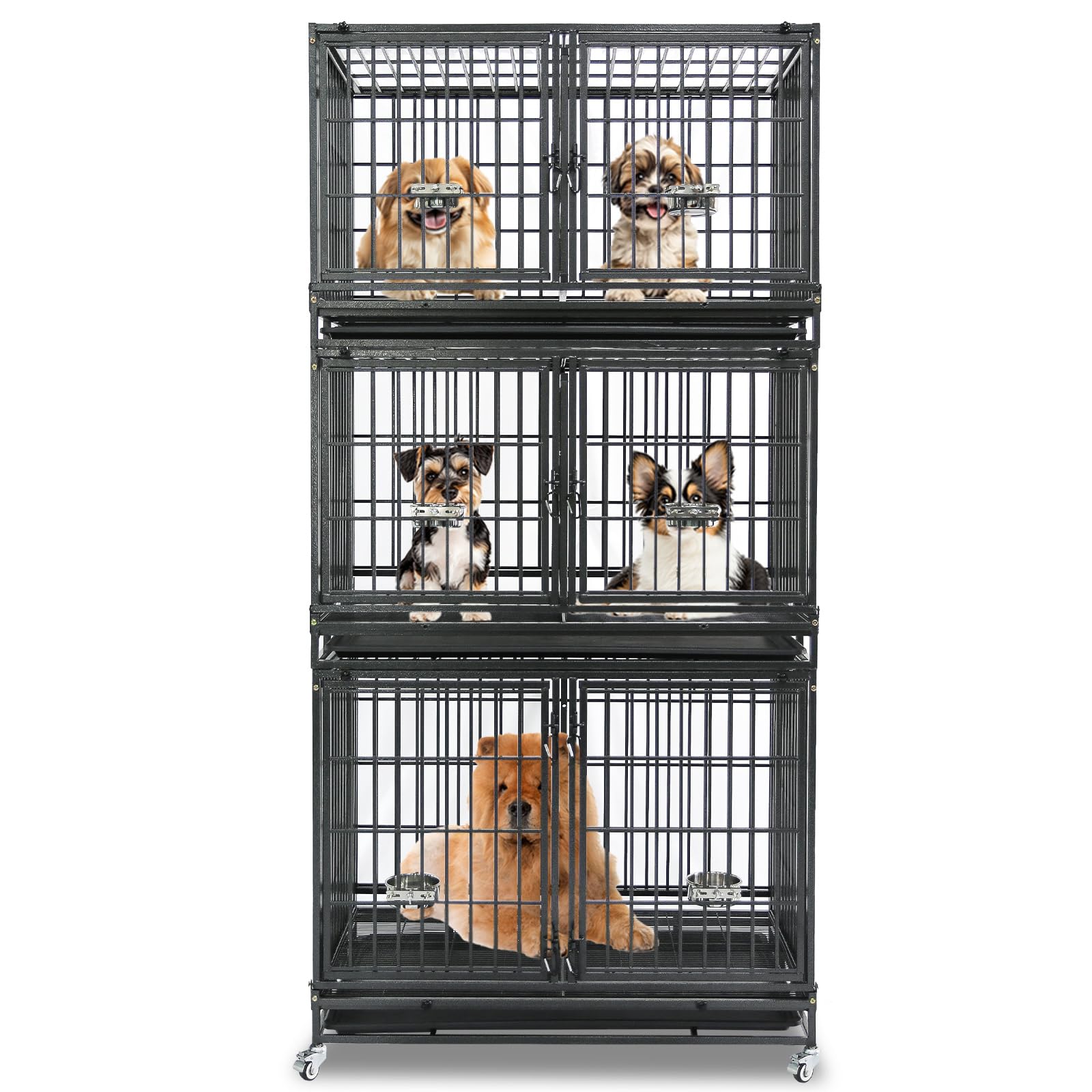 Homey Pet 37 Inch Heavy Duty Dog Crate for Medium Dogs, Stackable Dog Cage with Four Lockable Wheels, Removable Tray & Grid, Open Top, Escape Proof Dog Kennel Indoor
