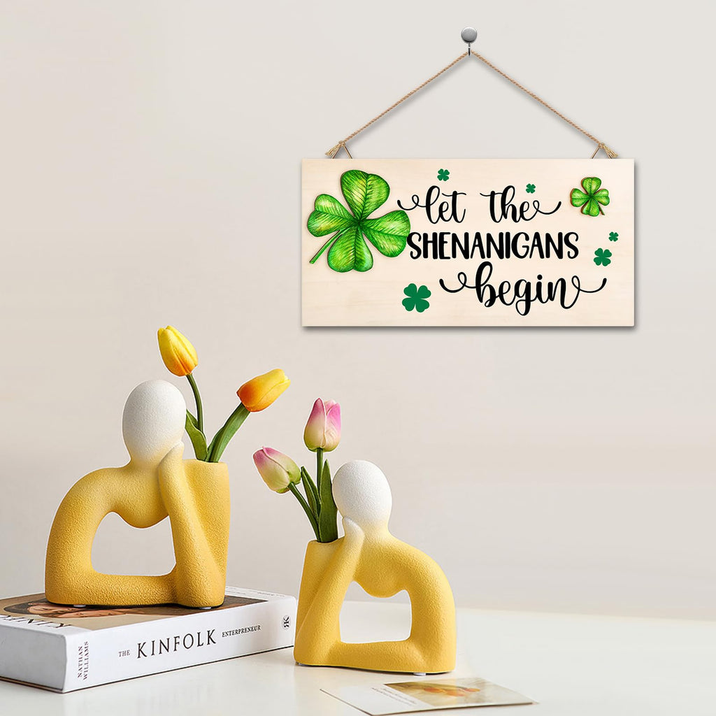 St Patricks Day Decorations Wood Sign with Two 3D Leaves Let the Shenanigans Begin Hanging Wooden Decor Lucky Shamrock Signs for Outdoor Home Door Rustic Farmhouse Party Indoor Wall Art Plaque Gift