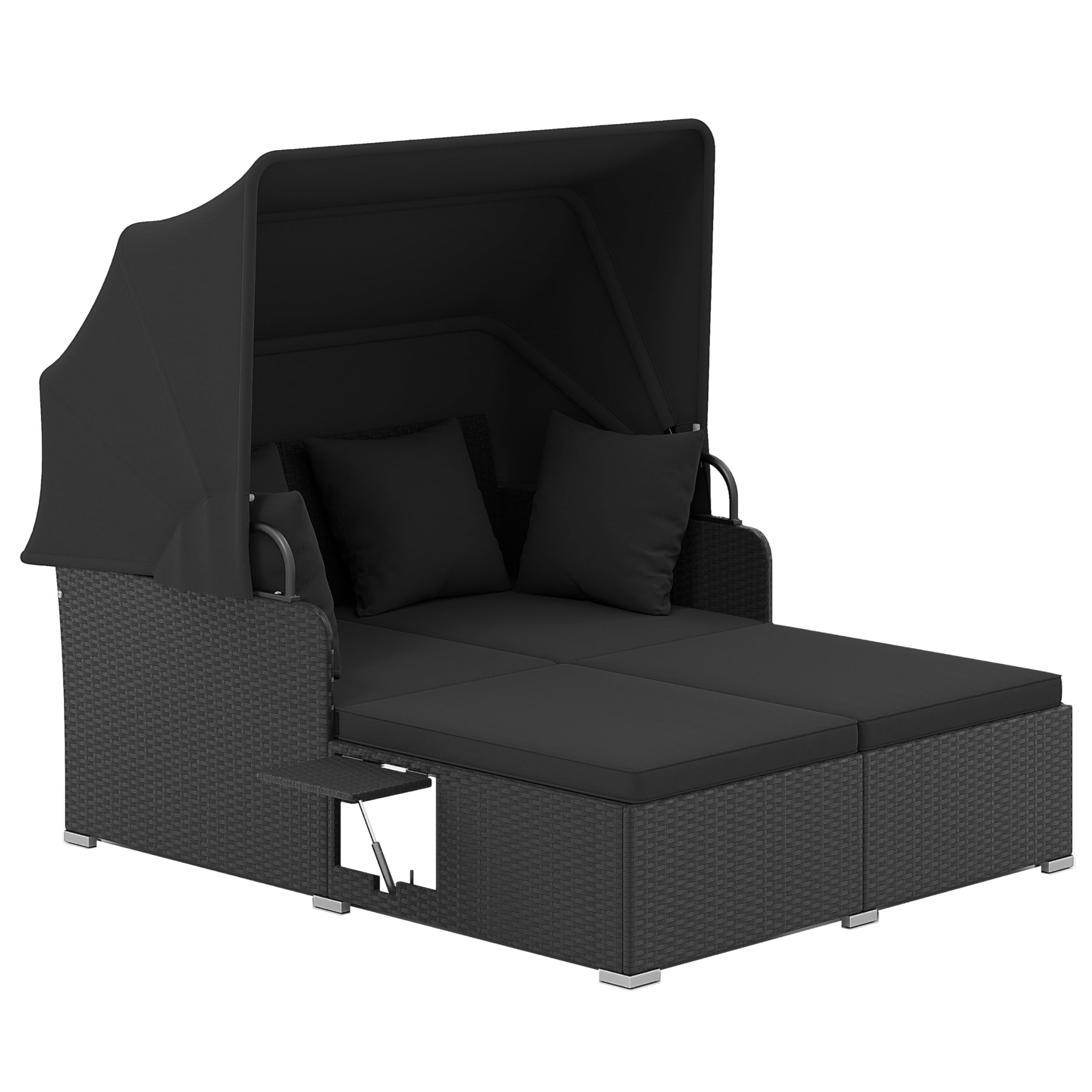 Tangkula Patio Rattan Daybed with Retractable Canopy, Outdoor Wicker Sunbed Lounger with 2 Foldable Side Tables, Thick Seat & Back Cushions, Outside Double Daybed for Garden, Backyard, Porch