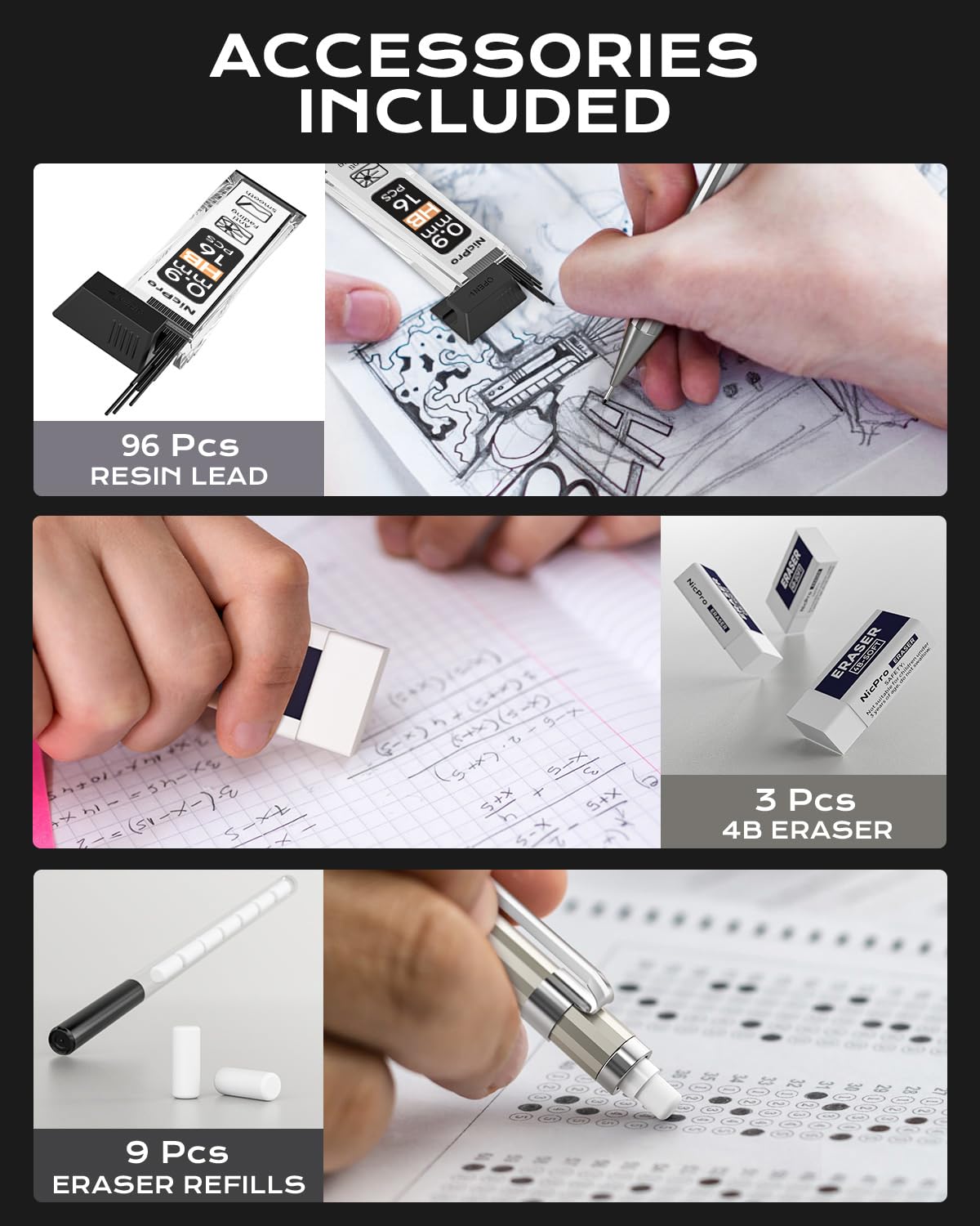 Nicpro 4 Pack Mechanical Pencil 0.7mm with Case, MB1000 Metal Mechanical Pencil Set with 6 Tube HB #2 Lead Refill 0.7 mm, 3PCS 4B Eraser, 9 Cap Eraser for Artist Drafting Writing, Sketching, Drawing