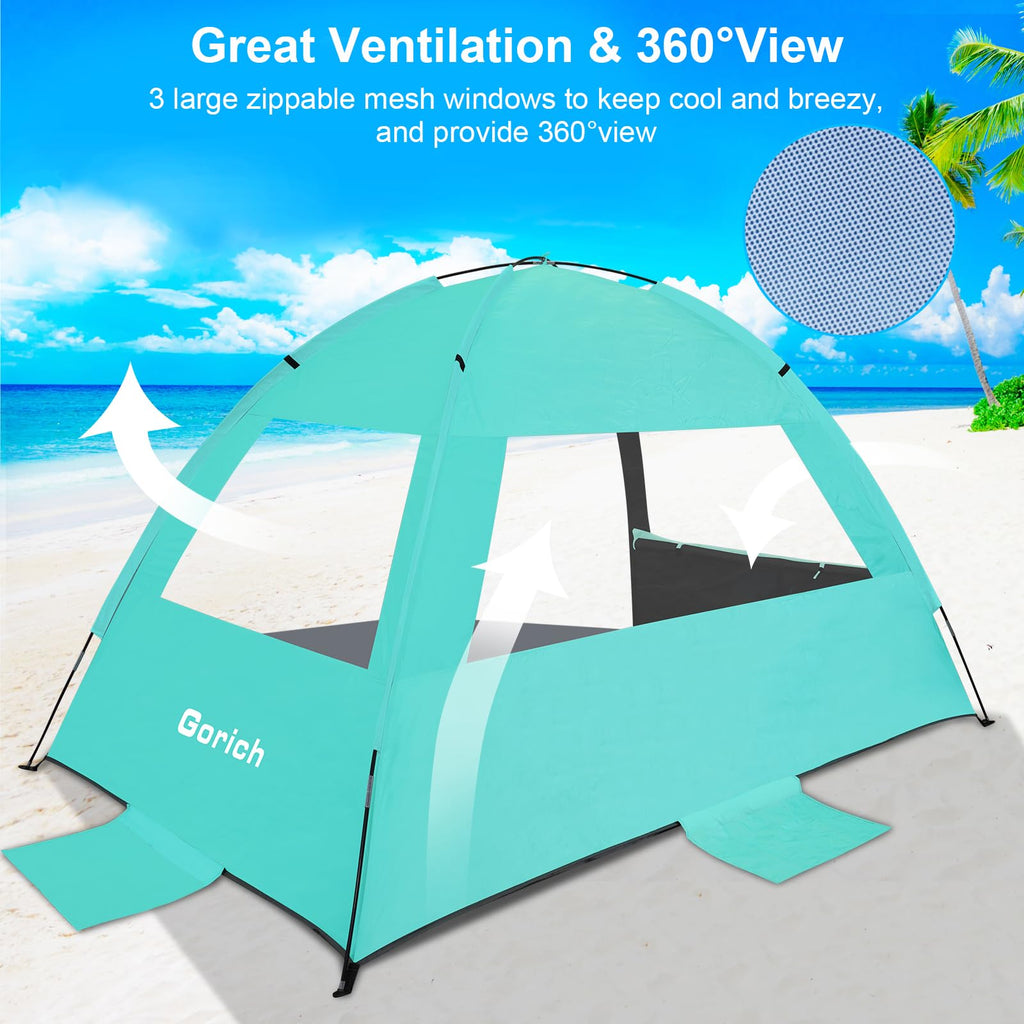 Gorich Beach Tent Sun Shelter for 3/4/6/8/10 Person with UPF 50＋ UV Protection, Lightweight & Easy Setup Beach Shade Canopy, Portable Beach Shade Tent Beach Cabana