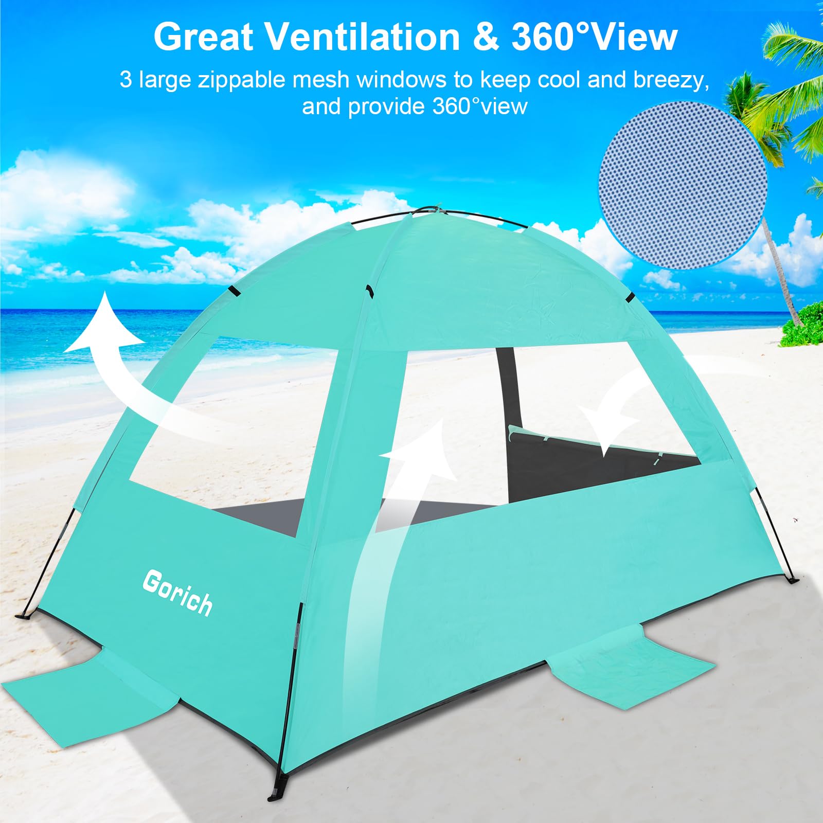 Gorich Beach Tent Sun Shelter for 3/4/6/8/10 Person with UPF 50＋ UV Protection, Lightweight & Easy Setup Beach Shade Canopy, Portable Beach Shade Tent Beach Cabana