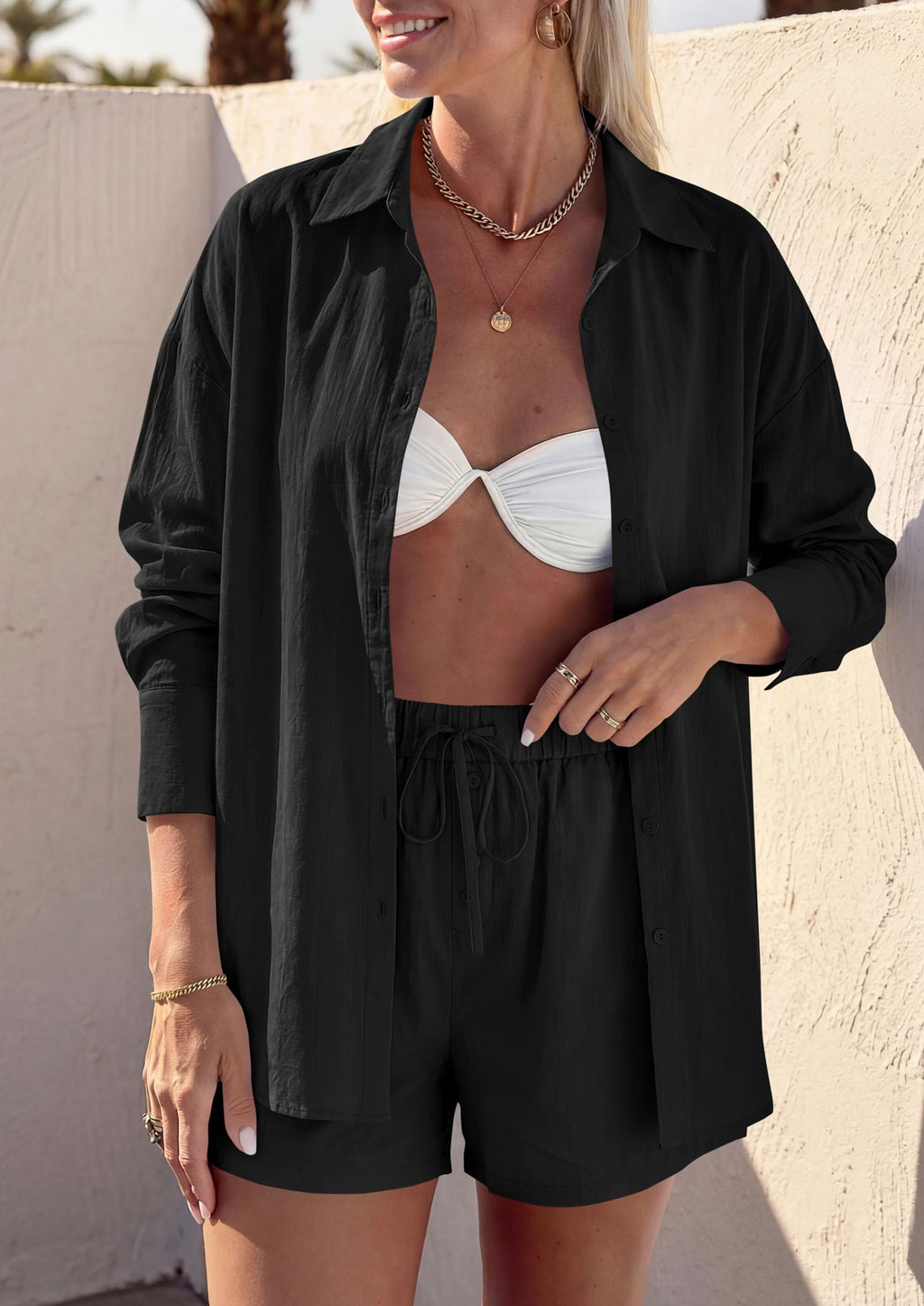 PRETTYGARDEN Women's Summer 2 Piece Matching Lounge Sets Pajamas Long Sleeve Shirts Blouse Pockets Shorts 2026 Spring Outfits