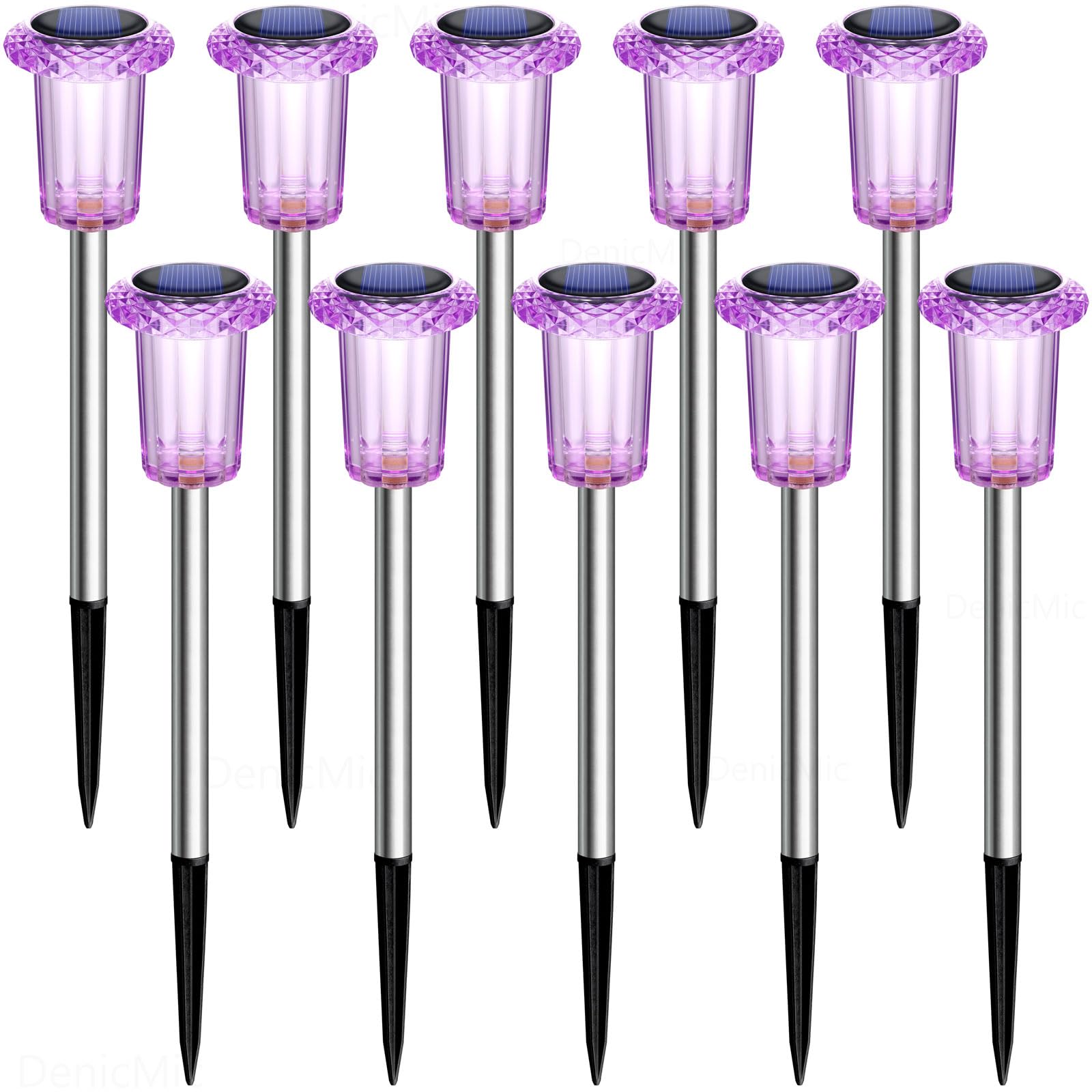 DenicMic Solar Lights Outdoor 10 Pack Waterproof 6000K Cold White LED Stainless Steel Stake Outside Lights for Yard Pathway Garden Driveway Walkway Landscape Path Lighting