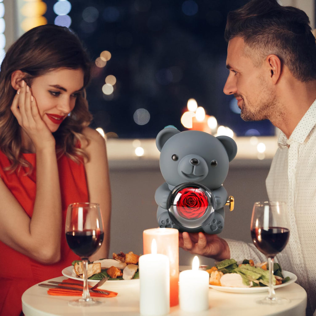 Cute Teddy Bear with Preserved Rose - A Real Rose Flower in Bear with Elegant Gift Box - Romantic Gift for Her in Mother's Day, Weddings, Anniversaries, and Bridal Showers (Red)