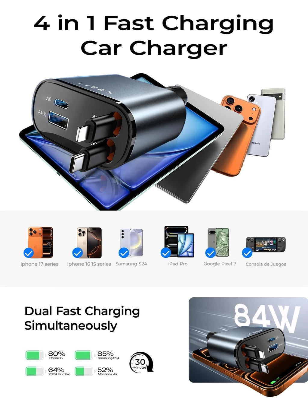 LISEN Retractable Car Charger, 84W Car Charger USB C Fast Charger Adapter for iPhone, Car Accessories for Men Women, Gifts for Fathers Day for Men Dad Husband, for iPhone 17 16 15 14 13 12 11 Samsung