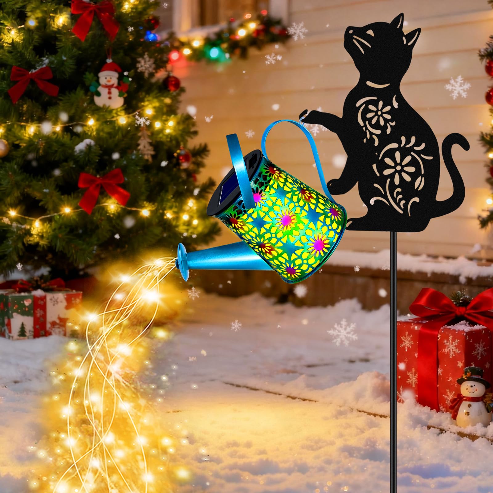 Solar Watering Can Lights, Cat Hanging Lantern Solar Lights Outdoor, Cat Lover Gifts for Mom Women Birthday Mother's Day Christmas, Waterproof Garden Decor Outside Patio Yard Pathway Backyard