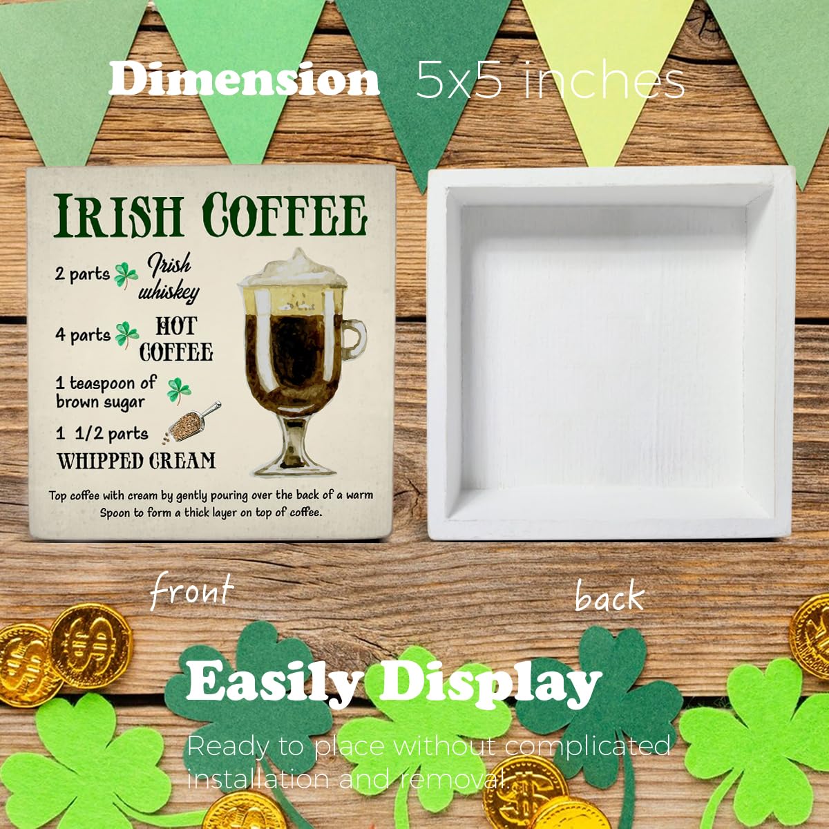 Dumyum St. Patrick's Day Decorative Sign, Wooden, 5 Inches x 5 Inches, Green, Rustic, Tabletop or Wall Mount