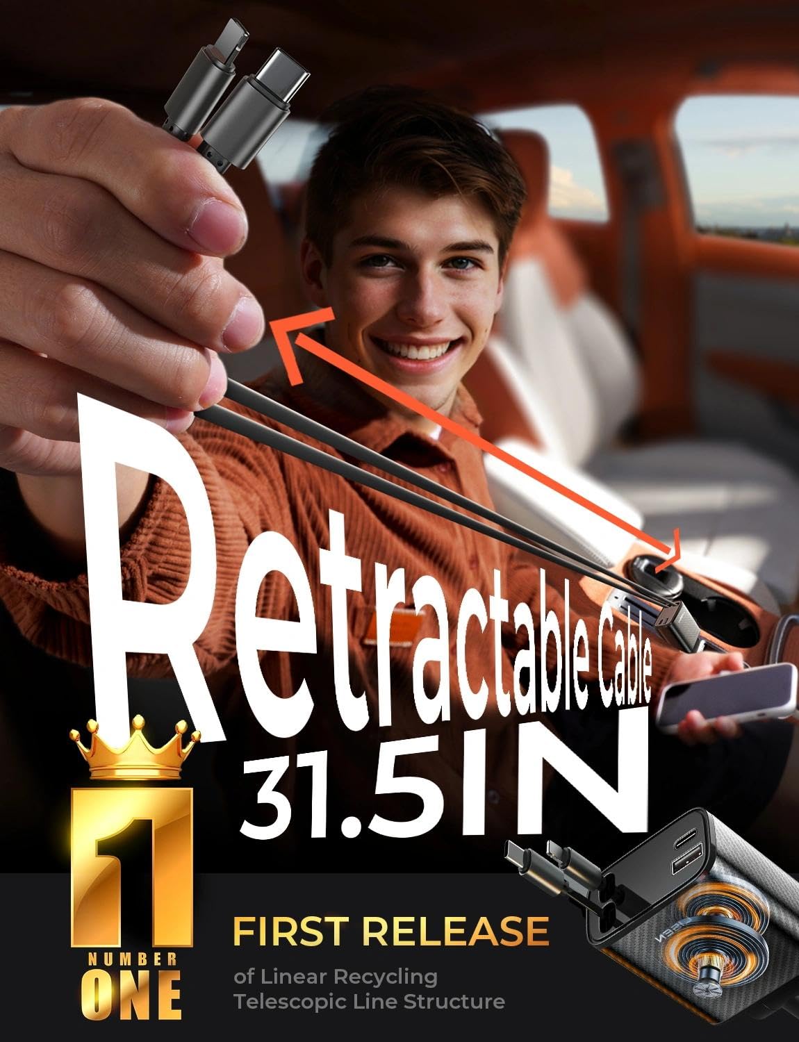 LISEN Retractable Car Charger, 84W Car Charger USB C Fast Charger Adapter for iPhone, Car Accessories for Men Women, Gifts for Fathers Day for Men Dad Husband, for iPhone 17 16 15 14 13 12 11 Samsung
