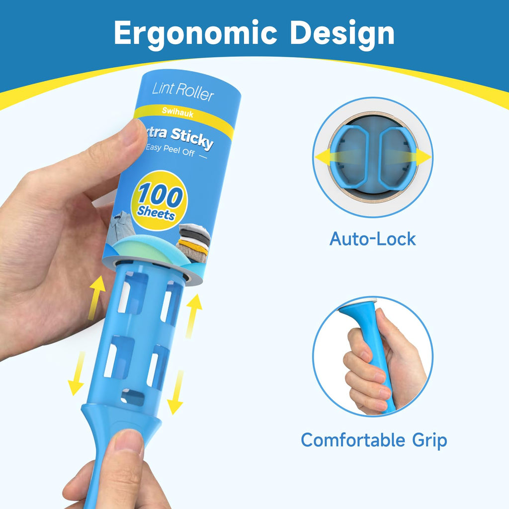 Swihauk 600 Sheets Extra Sticky Lint Rollers for Pet Hair, Easy Spiral Tear Lint Roller for Clothes with Ergonomic Handle, Multipurpose Lint Remover for Furniture, Carpet, Car Seat