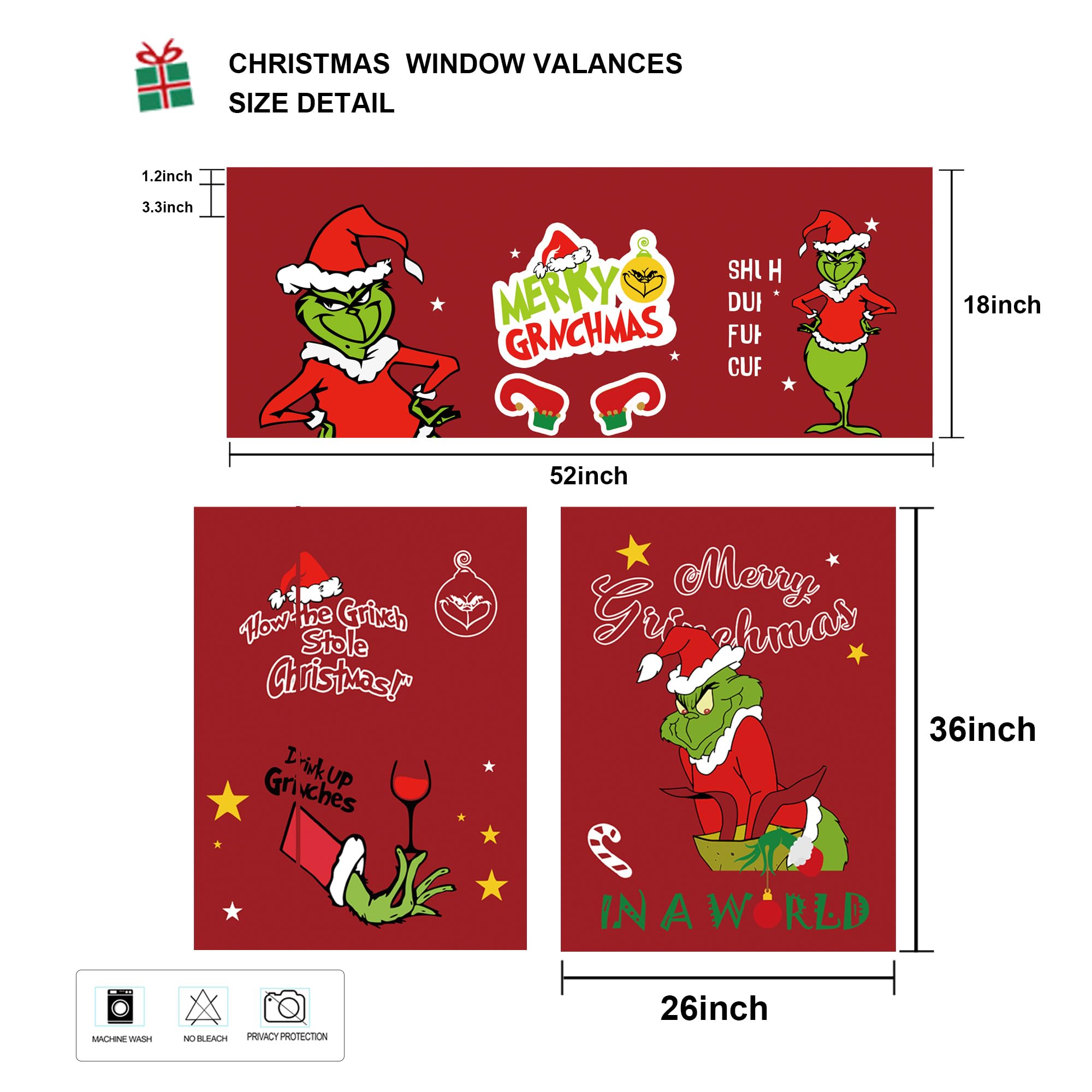 Christmas Kitchen Curtain Valances Winter Holiday Festive Small Window Decoration, Red and Green Farmhouse Xmas Design, 52x18inchx1, 26x36inchx2, 3 Panel, Rod Pocket