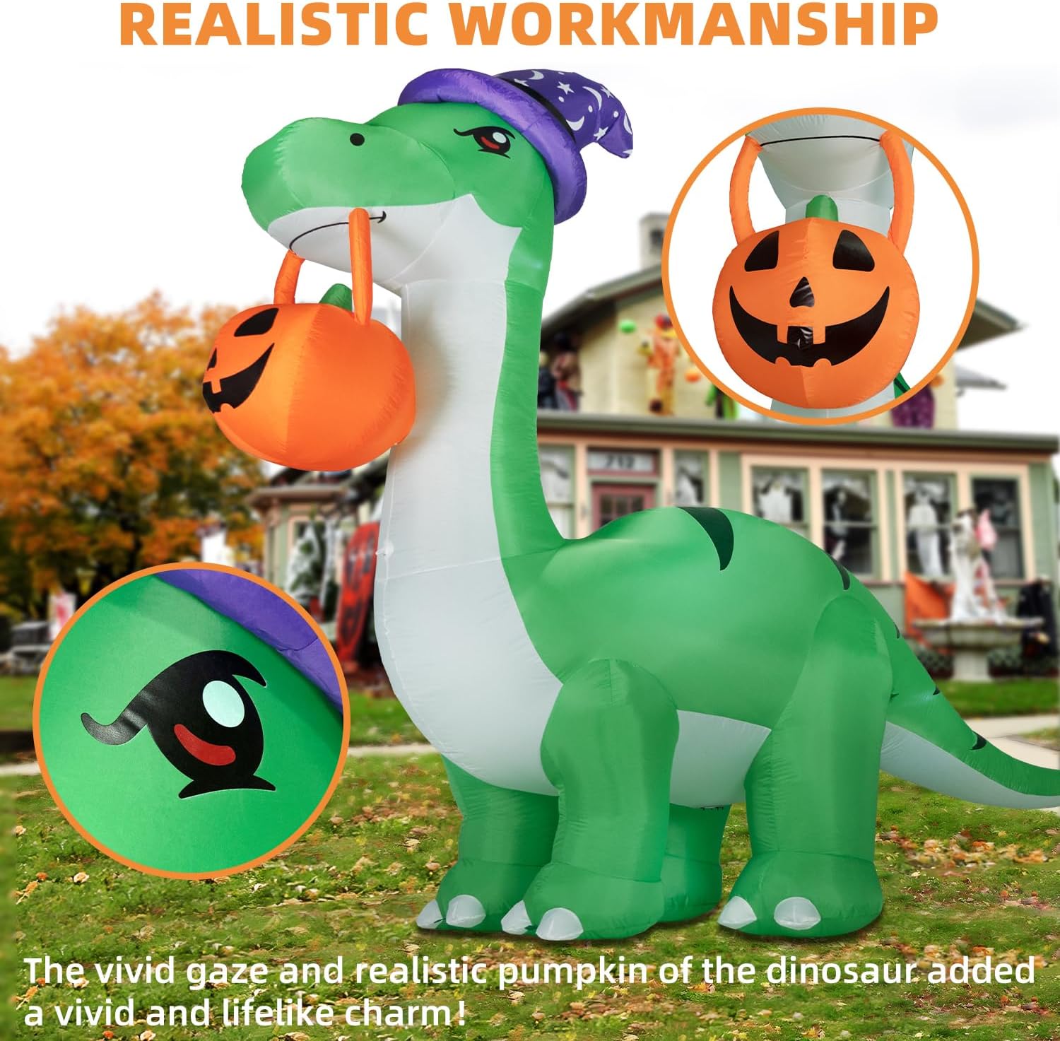Kendane 10FT Halloween Inflatable Huge Dinosaur Decorations Outdoor, Blow Up Yard Decorations Built-in LED Lights,Halloween Party Decorations with Witch Hat and Pumpkin,for Garden/Lawn.