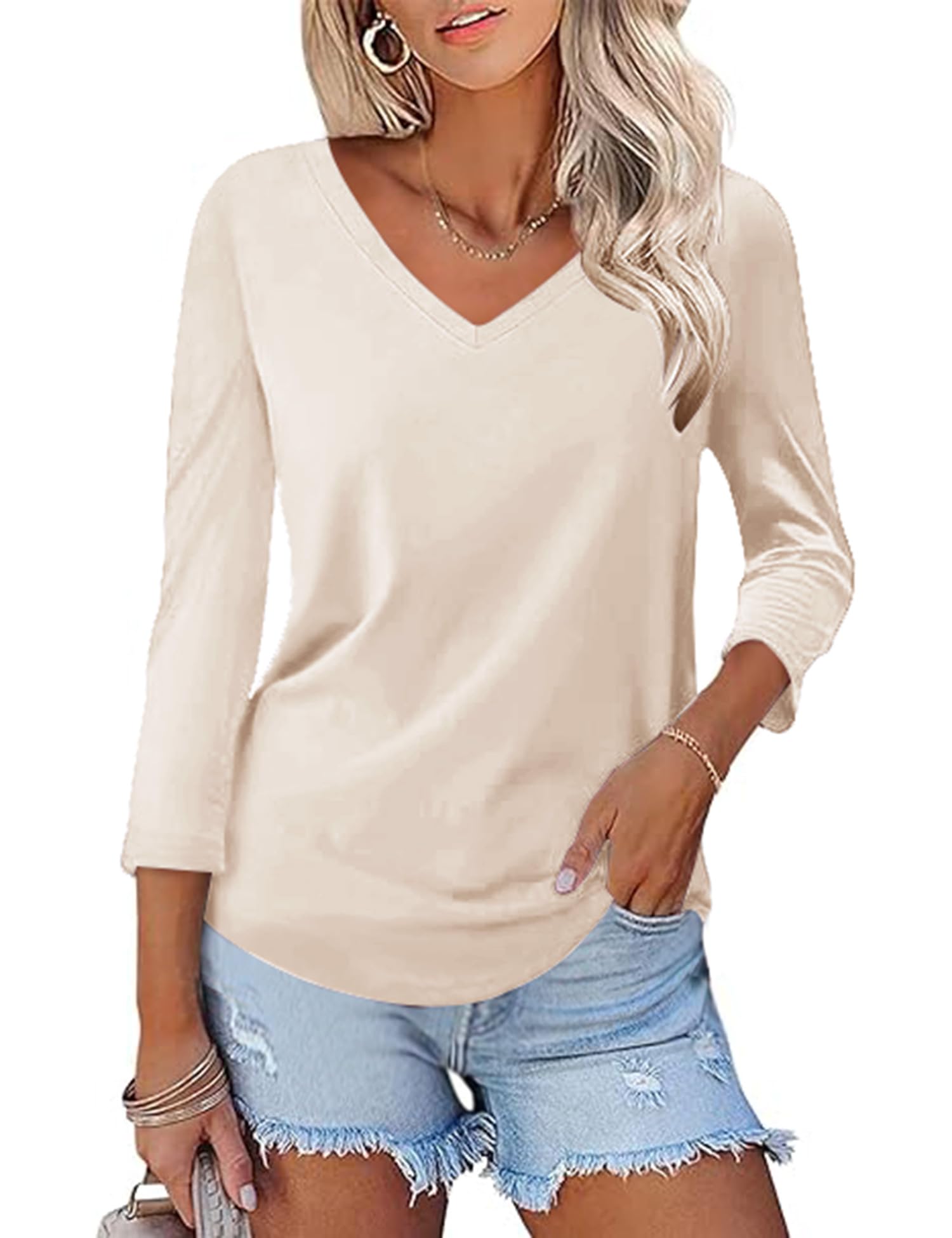 KTILG Women's V Neck T Shirts 3/4 Sleeve Blouse Summer Tops Dressy Casual Solid Basic Tees