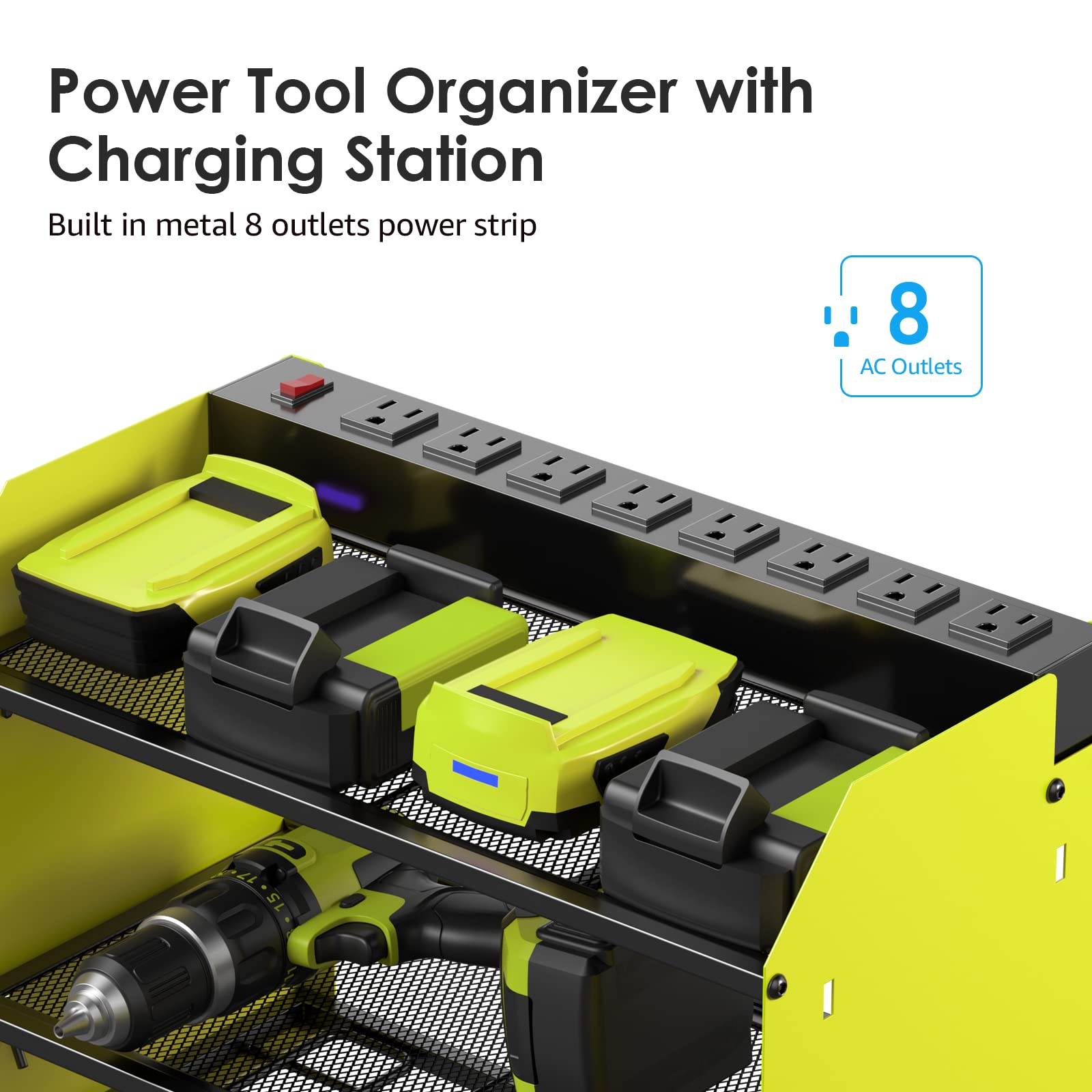 CCCEI Modular Power Tool Organizer Wall Mount with Charging Station. Garage Drill Storage Shelf with Hooks, Heavy Duty Rack, Tool Battery Holder Built in 8 Outlet. Gift for Men. Red, 1 Pack.