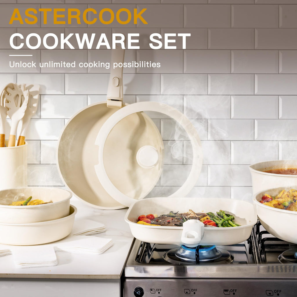 Astercook 21 Pcs Pots and Pans Set Non Stick, Ceramic Cookware Set Detachable Handle, RV Kitchen Cooking Set Removable Handles, Oven Safe, Induction Ready, Stackable, Black, Fathers Day Gift for Men
