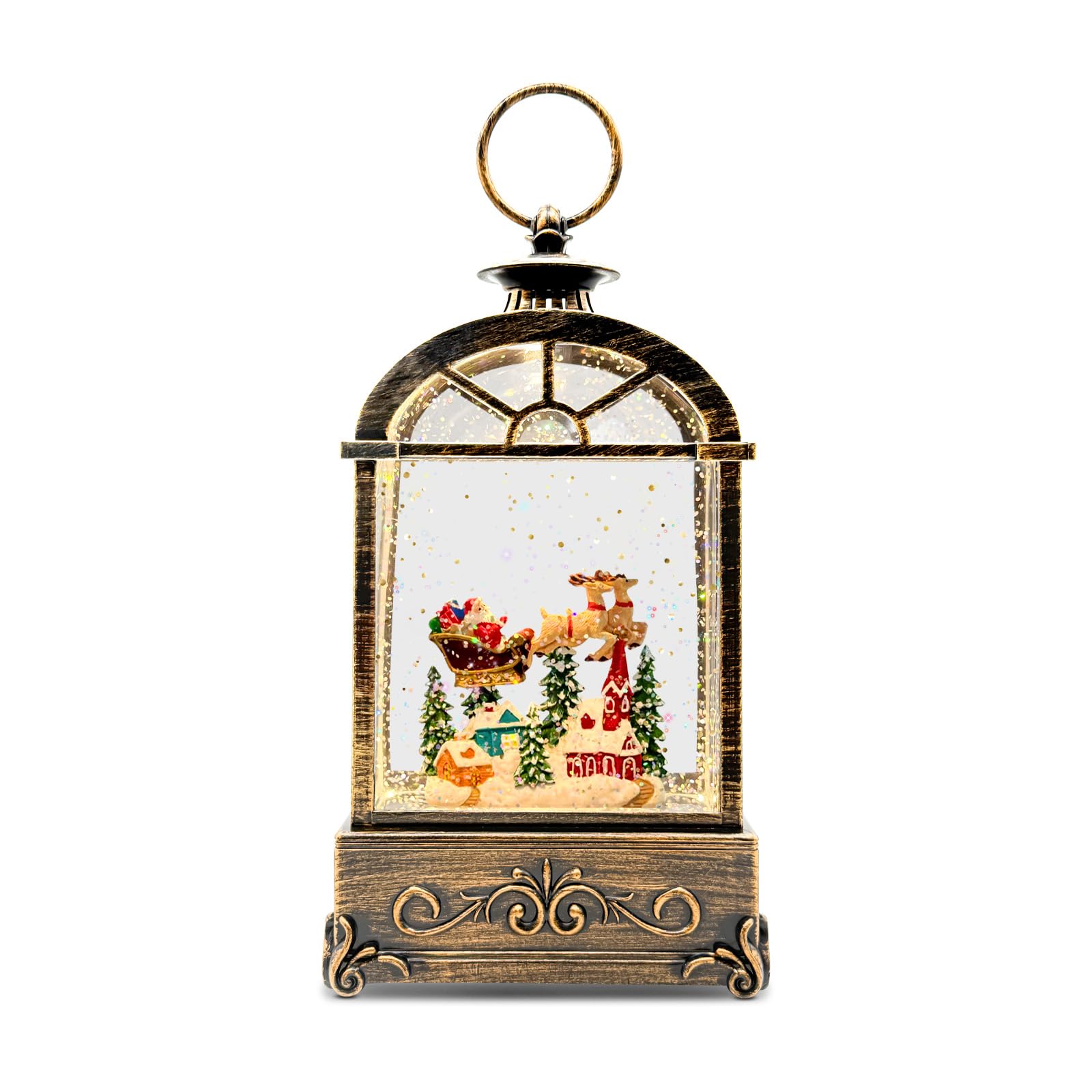 Christmas Snow Globe Candle Lantern with Snowman & Reindeer, Vintage-Style LED with Glitter Swirl & 6H Timer, Battery Operated (3×AA) Holiday Decoration for Tabletop & Mantel