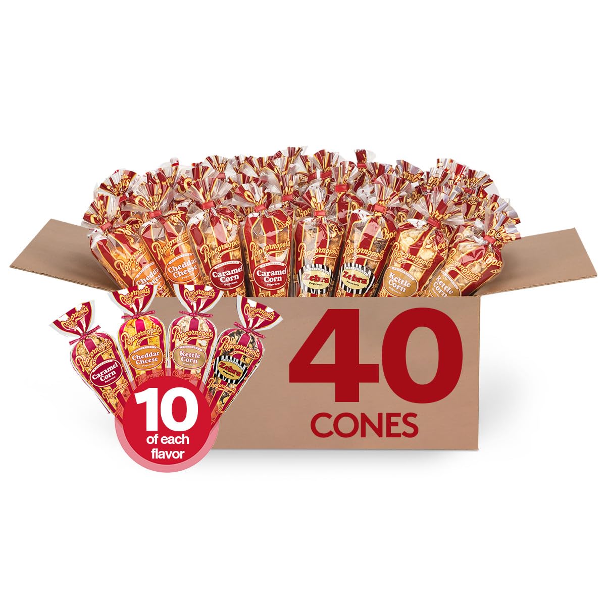 Popcornopolis Gourmet Popcorn Cone Variety Pack – Zebra Popcorn, Cheddar Cheese Popcorn, Caramel Popcorn & Kettle Corn Popcorn, Great for Gifting & Sharing, (12-Count)