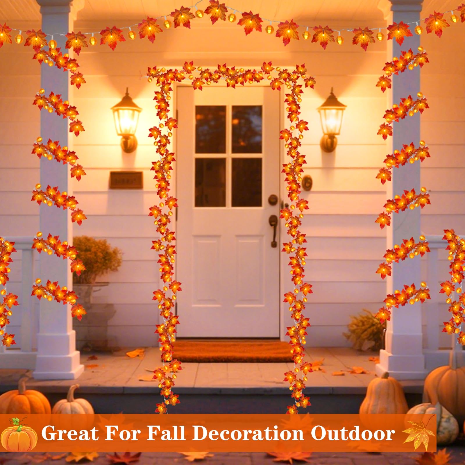 3 Pack Fall Decor Fall Garland with Pumpkin Lights&Enlarged Maple Fall String Lights Pumpkin Decor, 30Ft 60LED Waterproof Battery Operated Christmas Halloween Thanksgiving Fall Decorations for Home