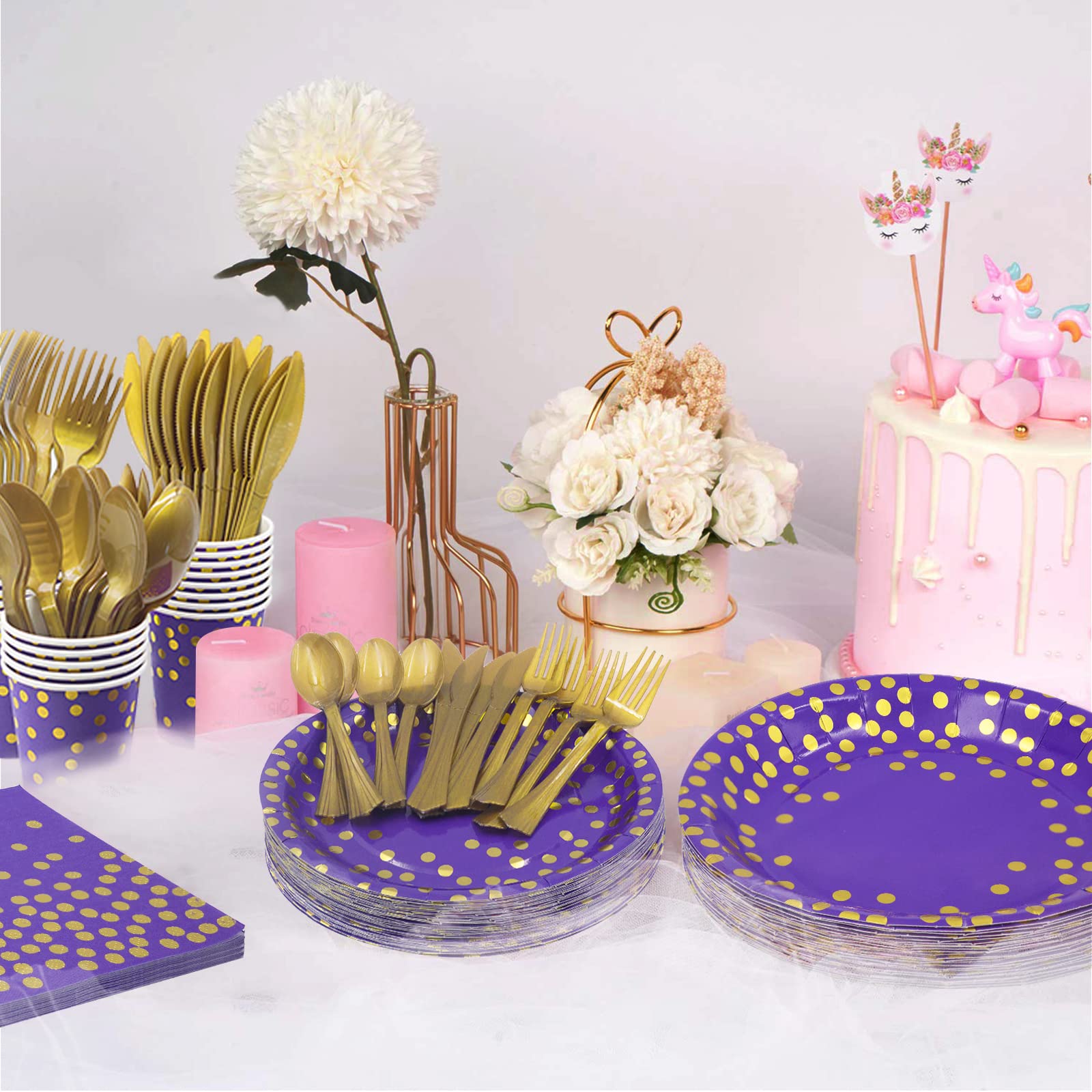 AIRE 175PCS Black and Gold Paper Plates Party Supplies for 25 Guests Disposable Party Decorations Dinnerware Golden Dot Black Paper Plates Napkins Cups Gold Plastic Forks Knives Spoons for Mothers Day