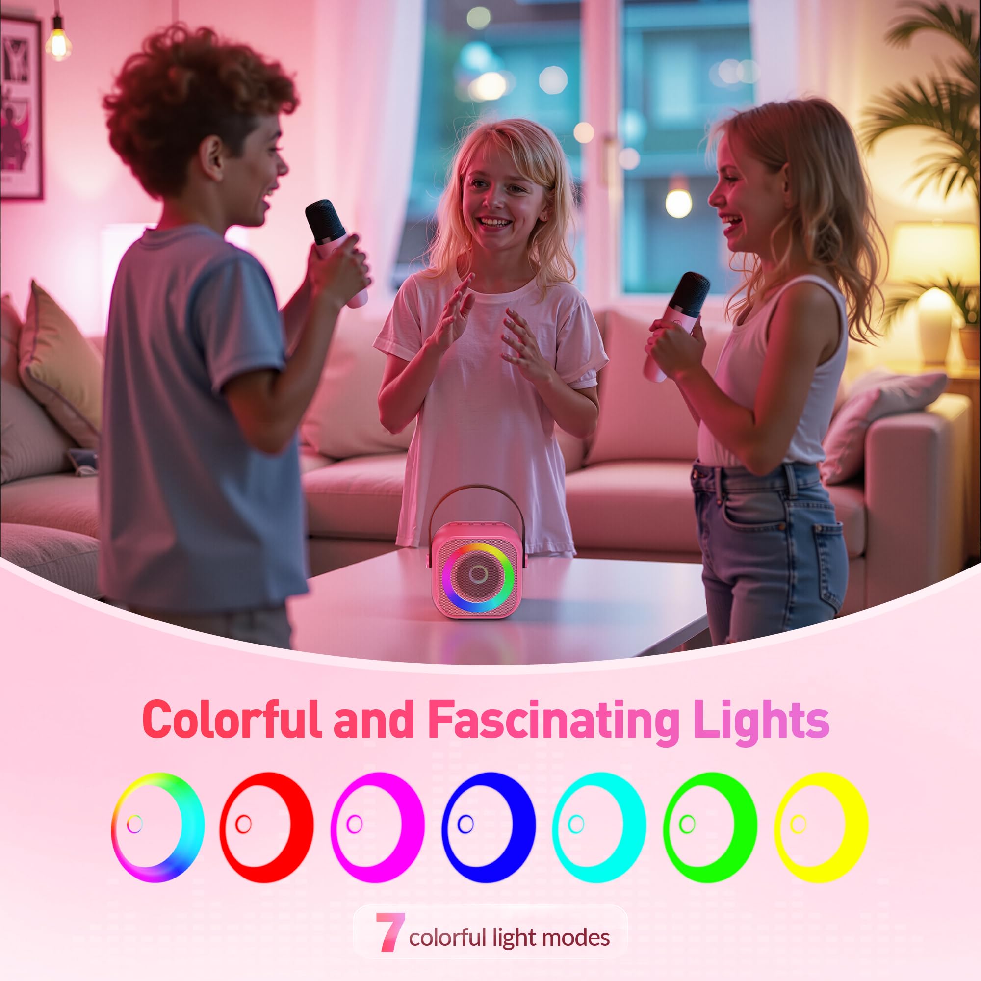 Mini Karaoke Machine, Portable Bluetooth Karaoke Speaker with 2 Wireless Microphones and Party Lights for Kids and Adults, Birthday Gifts for Girls Boys Family Home Party