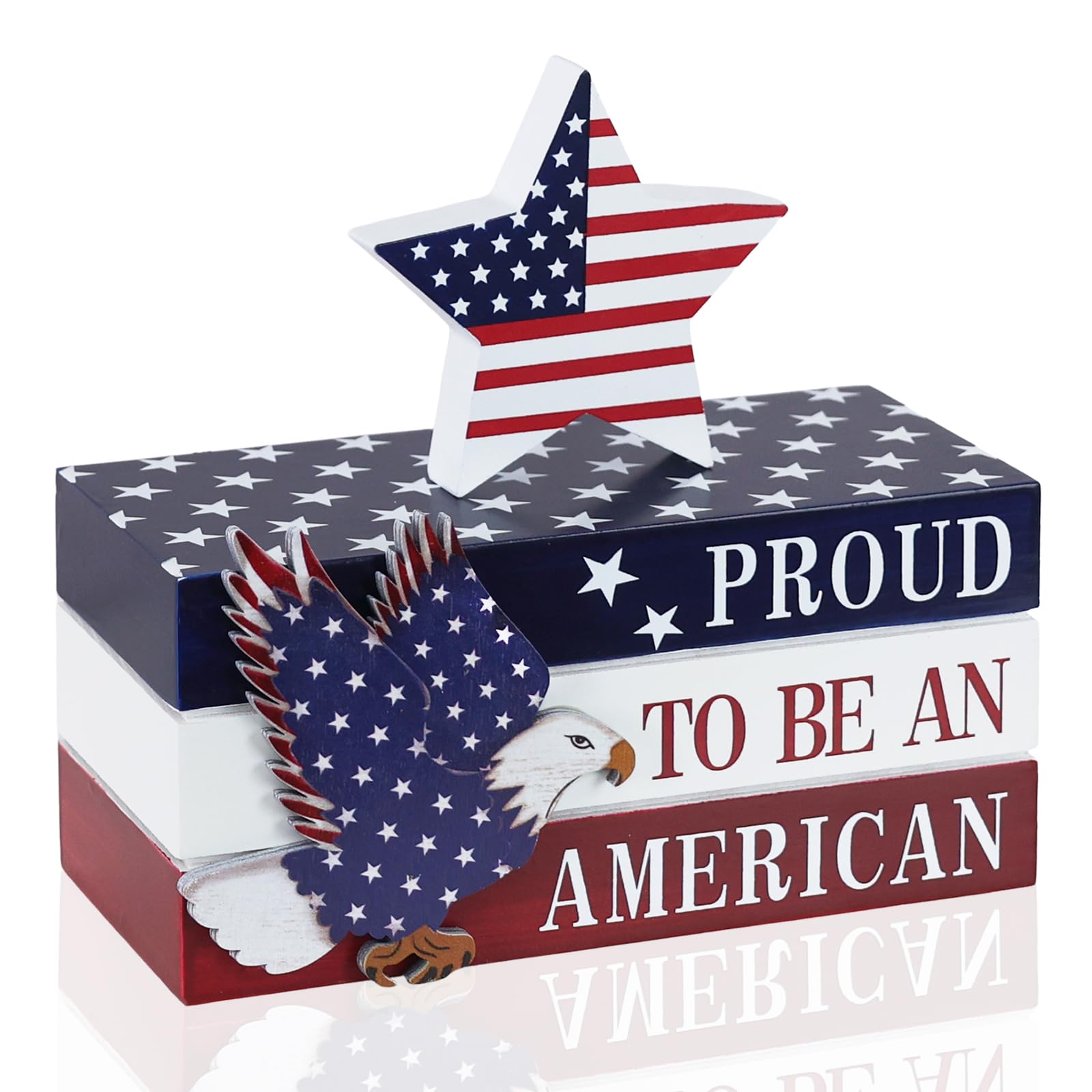 DECSPAS 4th of July Decorations, Memorial Day Decorations, Wooden Stacked Books Sign with Stars, Patriotic Independence Day American Eagle Decor for The Home, Fourth of July, Tiered Tray Table Mantel