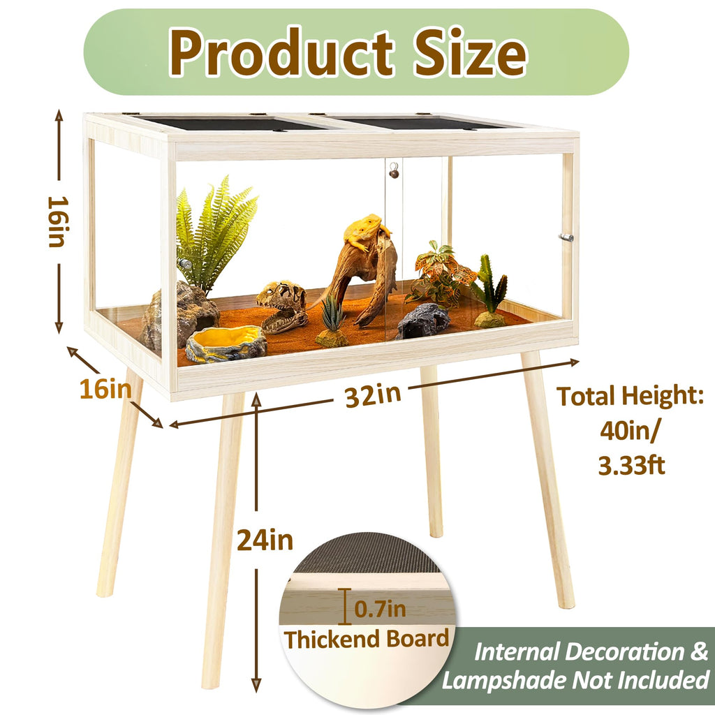 PROLEE Reptile Enclosure with Leg, 35 Gallons Bearded Dragon Tank, Tempered Glass Lizard Tank with Metal Mesh Tops and Lockable Door, Spacious Reptile Habitat for Snake,Lizard (Oak)