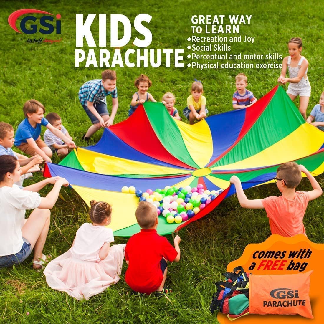 GSi Kids Play Parachute Rainbow Parachute Toy Tent Game for Children Gymnastics Cooperative Play and Outdoor Playground Activities (12 Feet)