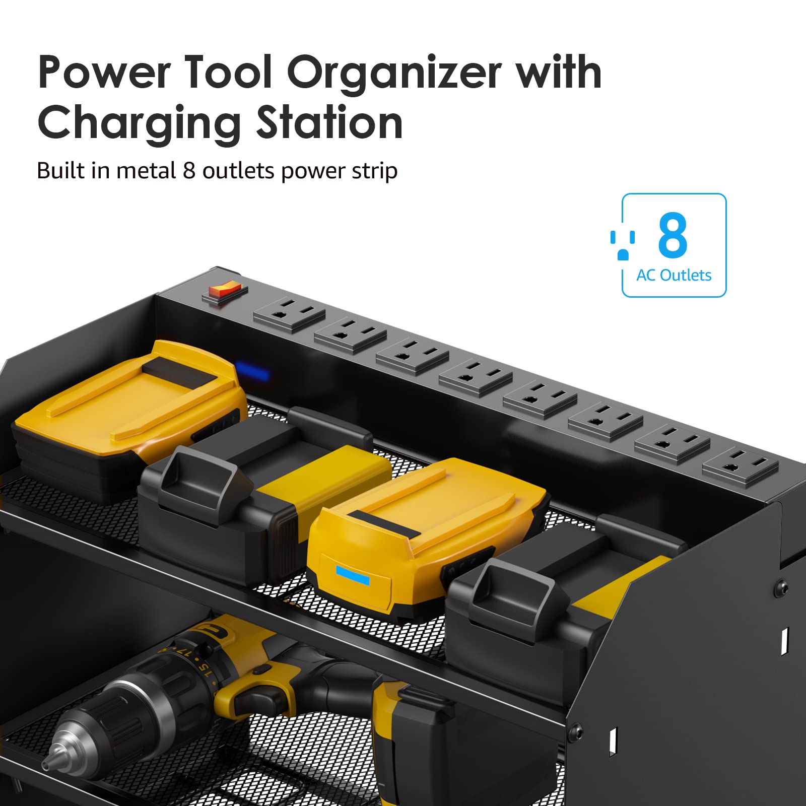 CCCEI Modular Power Tool Organizer Wall Mount with Charging Station. Garage Drill Storage Shelf with Hooks, Heavy Duty Rack, Tool Battery Holder Built in 8 Outlet. Gift for Men. Red, 1 Pack.