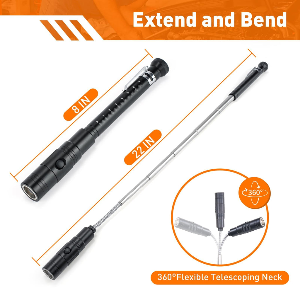 Telescoping Magnetic Pickup Tool Set with 1 & 15 lb Pick Up Sticks, Round and Square Adjustable Inspection Mirror and Flexible LED Flashlight, Fathers Day Dad Gifts for Men, Dad, Husband