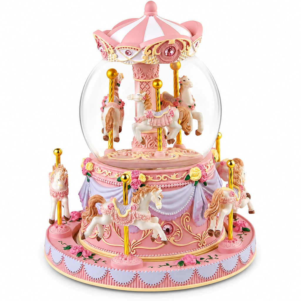 Blue Carousel Snow Globe Music Box with LED Lights, Rotating Horse Merry Go Round, Wind Up Musical Snow Globe Plays You are My Sunshine, Gift for Daughter Granddaughter Mom Women