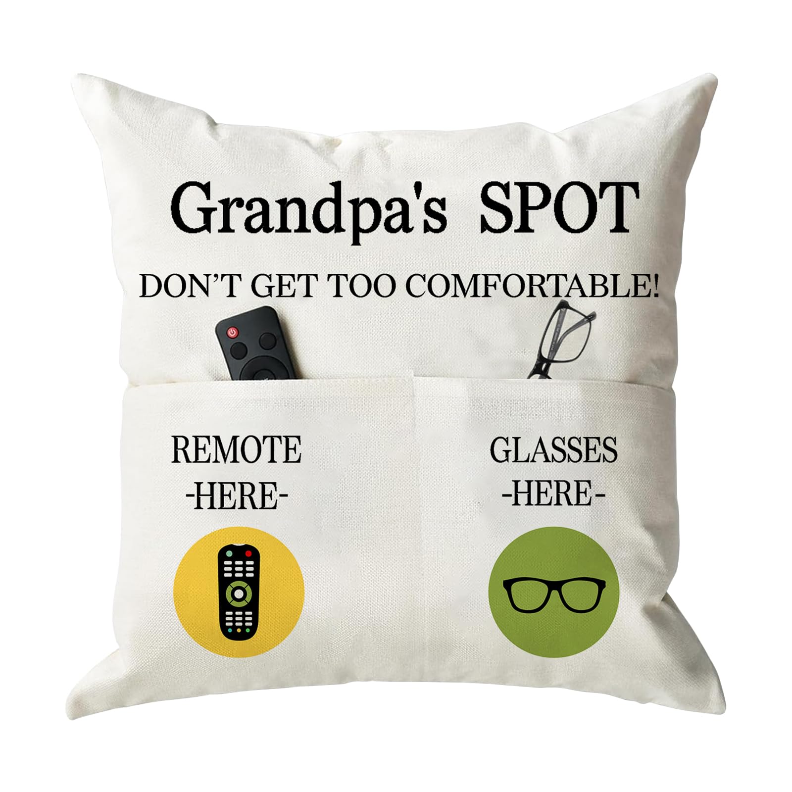ONFAON Grandpa Gifts,Grandpa's Spot Throw Pillow Covers 18x18 Inch,Put Phone Glasses and Remote Control Pillowcase,Birthday Christmas Thanksgiving Day Gifts for Grandpa Stepdad,3-Pocket