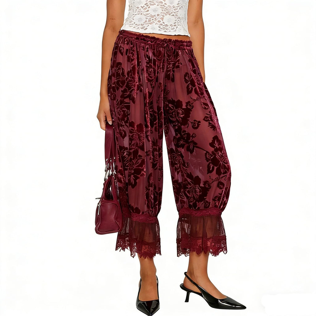Women Lace Trim Long Bloomers Y2k Elastic Mid Rise Floral Ruffle Pantaloons Flared Slips Pants Pajama Bottoms