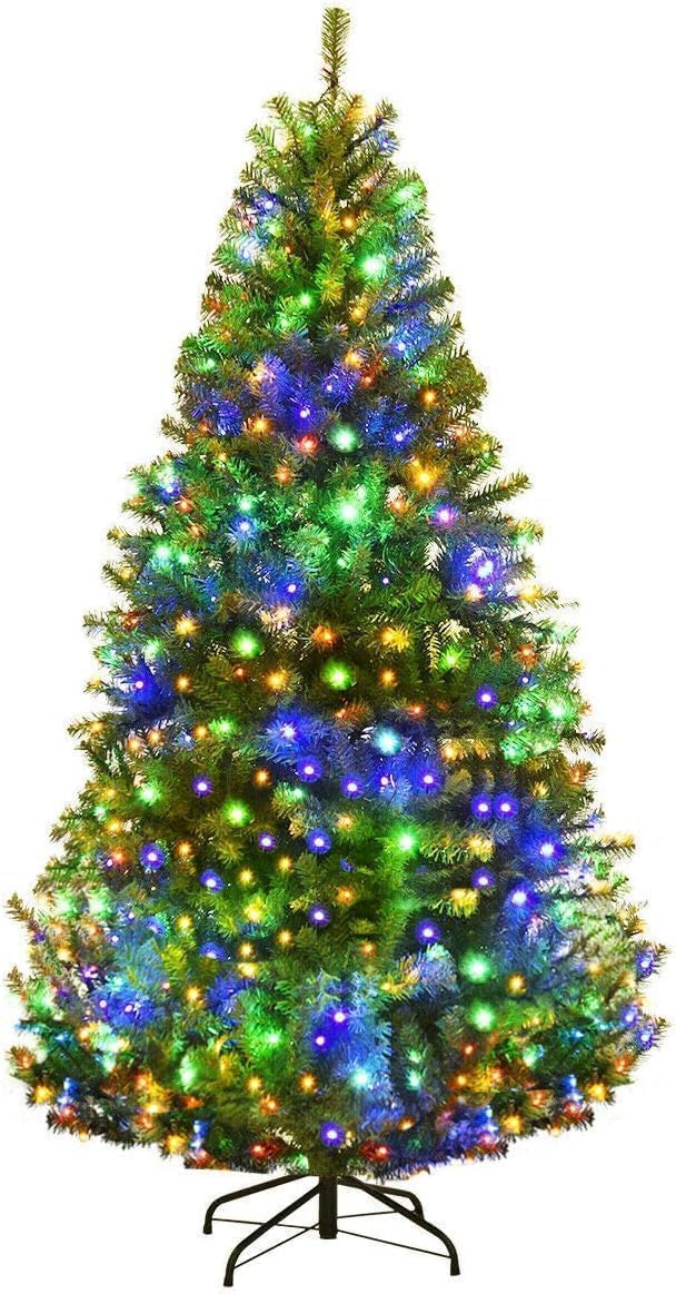 Goplus 7FT Pre-Lit Artificial Christmas Tree Auto-Spread/Close up Branches 11 Flash Modes with Multicolored 400 LED Lights & Metal Stand