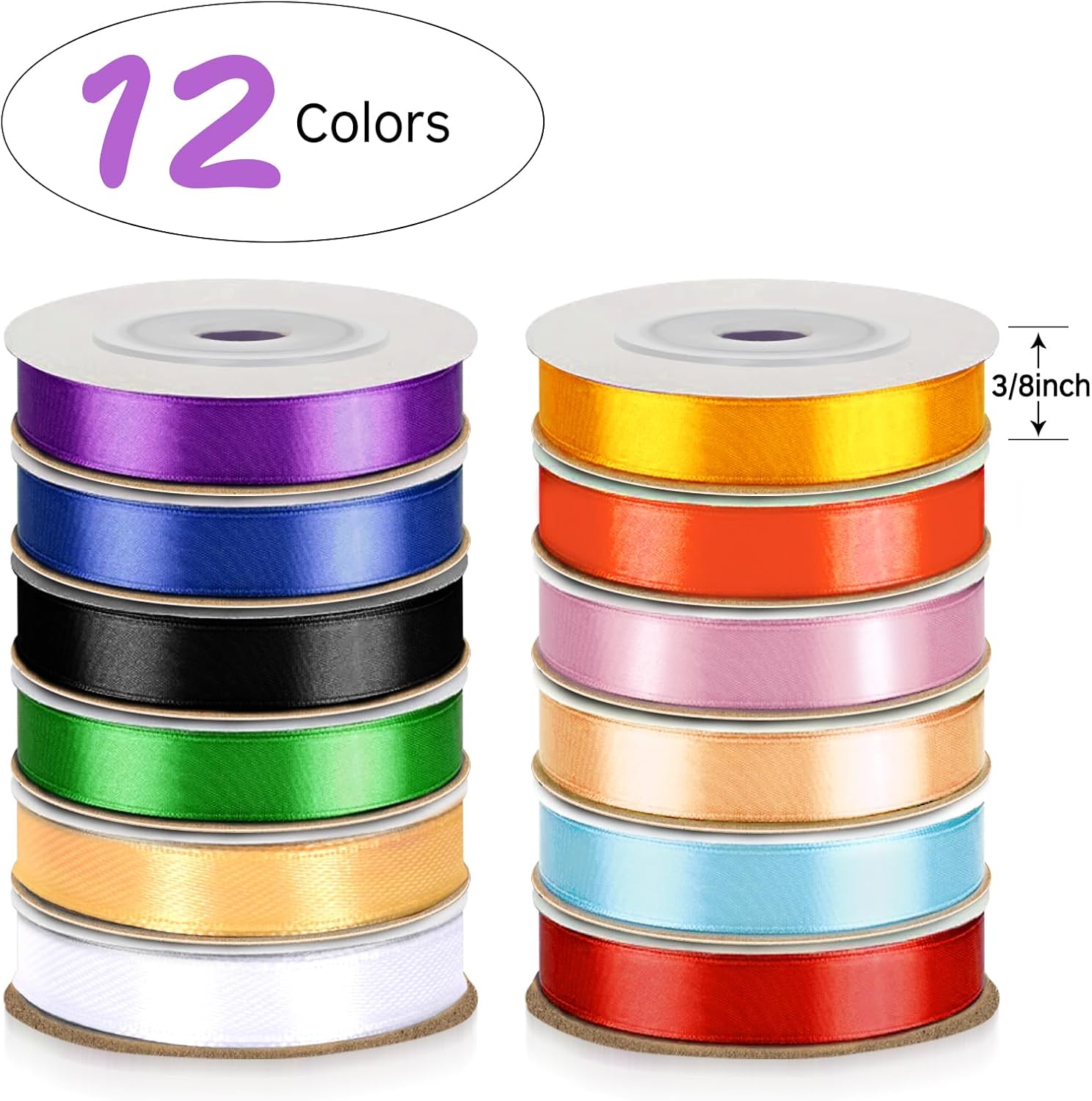 Rainbow Satin Ribbon, 12 Colors 3/8 Inch x 12 Rolls Total 120 Yards, Colorful Ribbon Perfect for Gift Wrapping, Crafts Hair Bows, Flower Bouquet, Wedding Party Decoration and More