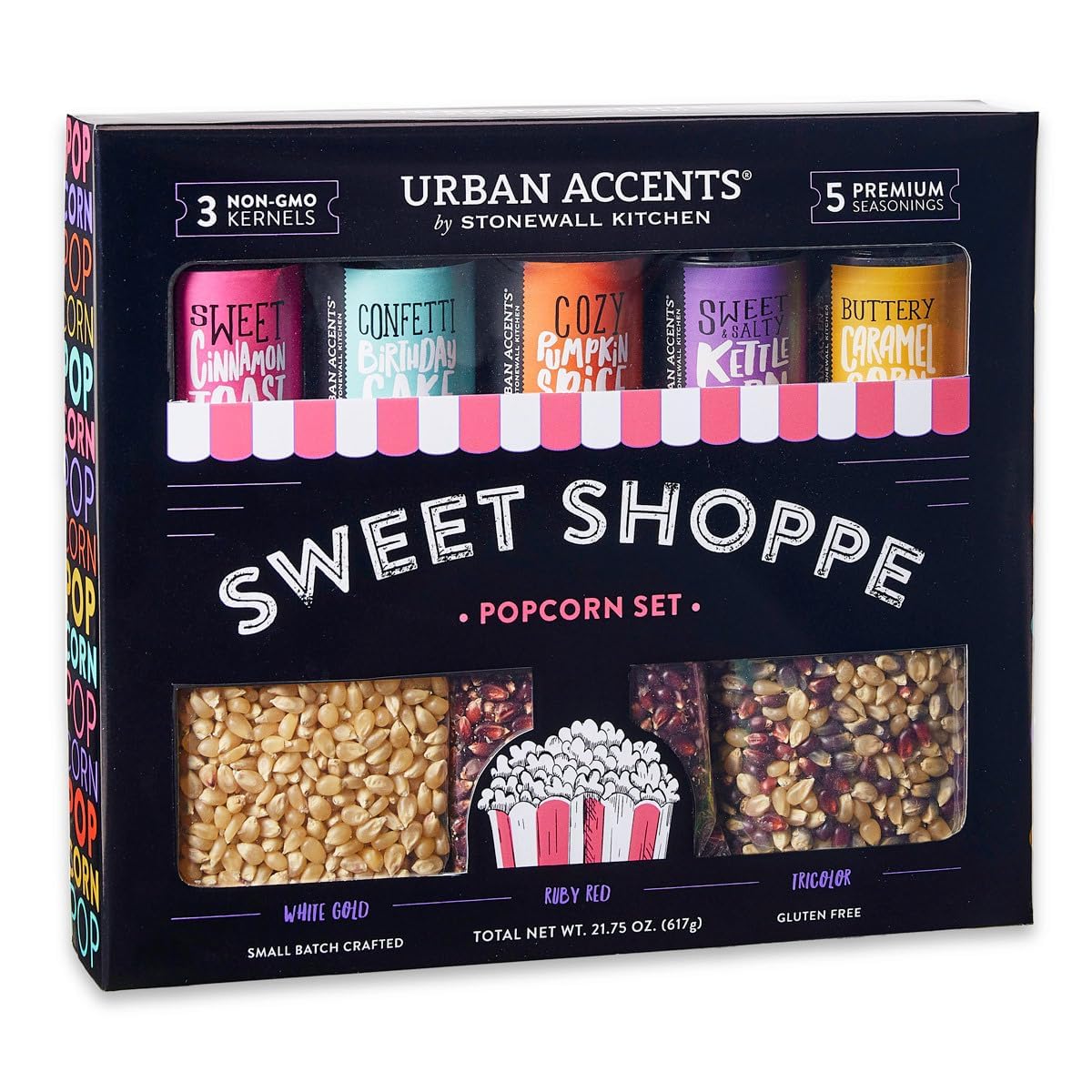 Urban Accents Movie Night Small-Batch Popcorn Gift Set – Includes 3 Gourmet non-GMO Popcorn Kernel Varieties & 5 Flavorful Seasonings – Perfect Snack Gift Box for Parties, Father's Day, Graduations and Movie Lovers