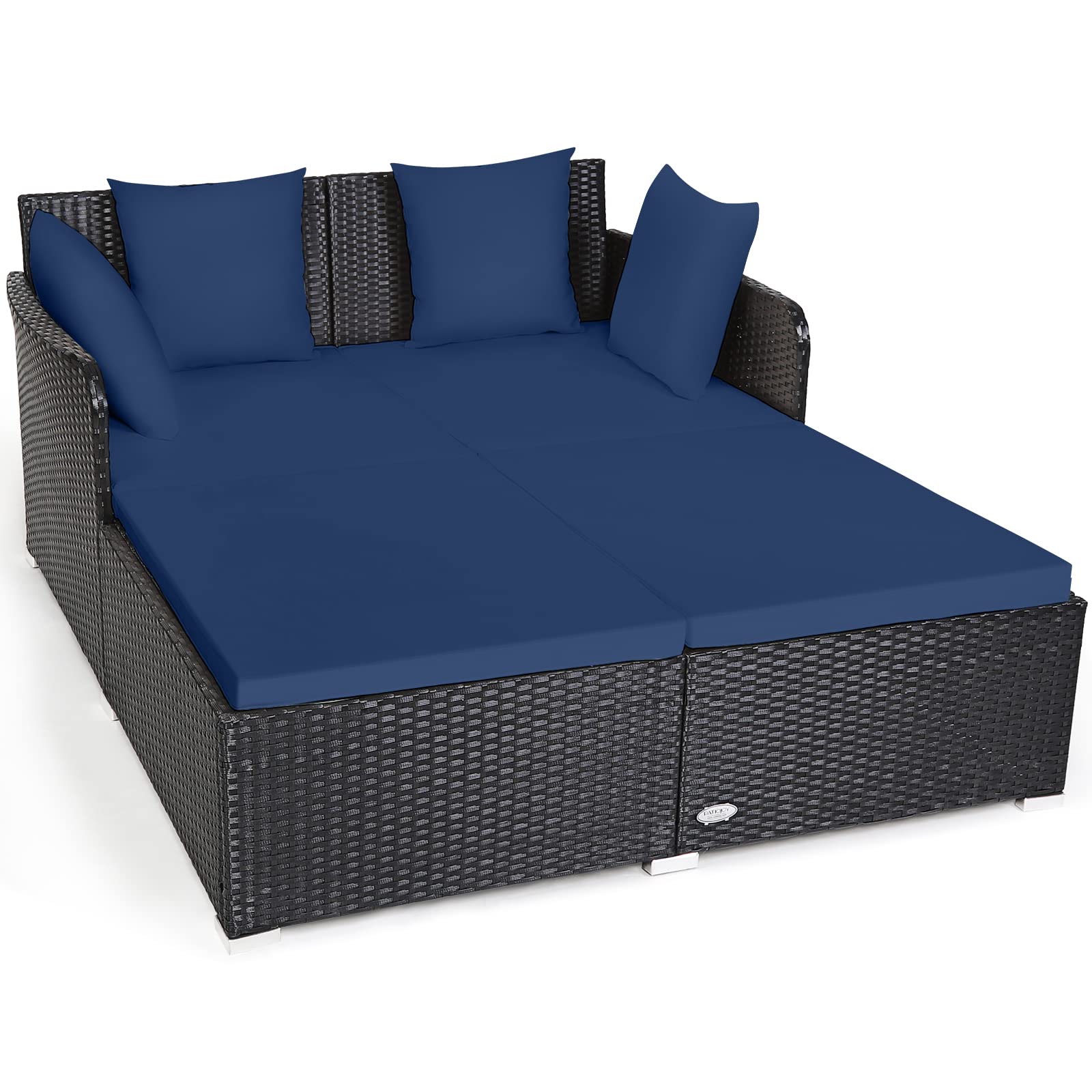 Tangkula Patio Rattan Daybed with Retractable Canopy, Outdoor Wicker Sunbed Lounger with 2 Foldable Side Tables, Thick Seat & Back Cushions, Outside Double Daybed for Garden, Backyard, Porch