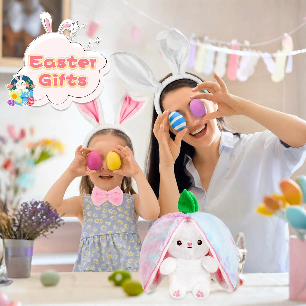 MIAODAM Bunny Stuffed Animal Reversible Cuddle Bunny Stuffed,Strawberry Bunny Transformed Rabbit Plush Zipper,Turns Into Ears Bunnies Plushies Toy Cute Stuffy Doll Easter