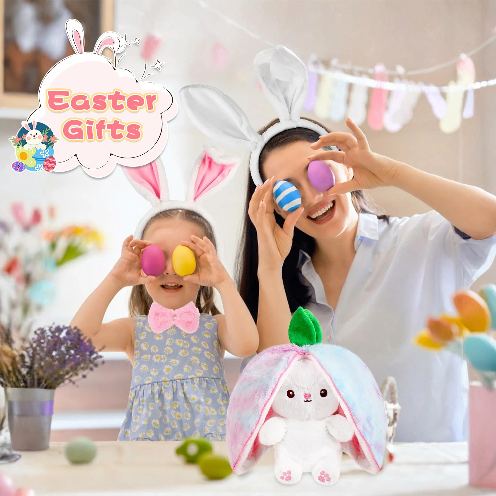 MIAODAM Bunny Stuffed Animal Reversible Cuddle Bunny Stuffed,Strawberry Bunny Transformed Rabbit Plush Zipper,Turns Into Ears Bunnies Plushies Toy Cute Stuffy Doll Easter