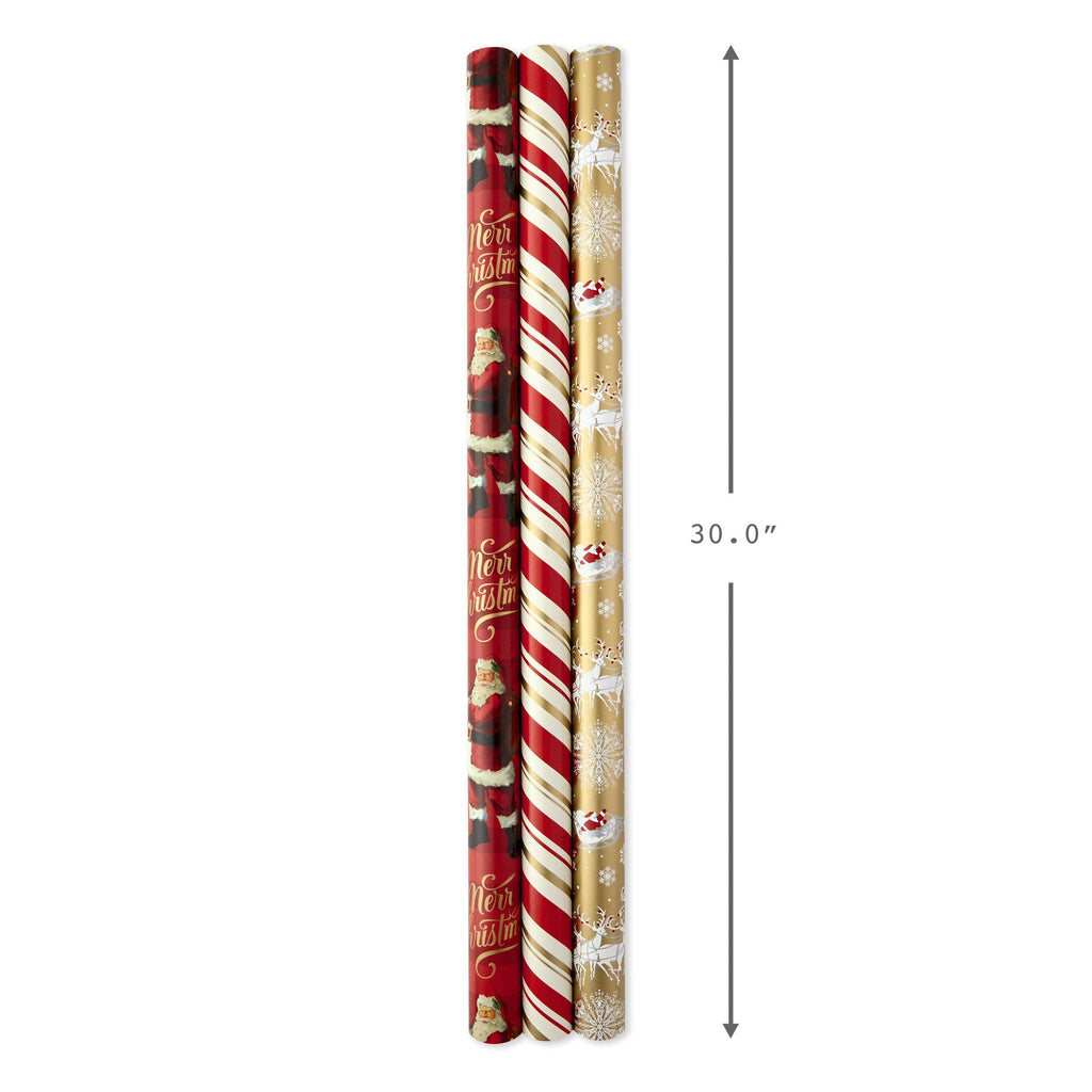 Hallmark Christmas Wrapping Paper Rolls - Traditional Holiday Gift Wrap Paper (Set of 3 Reversible Rolls: 120 sq. ft. Ttl) Red and Gold Snowflakes, Stripes, Plaid, Santa's Sleigh