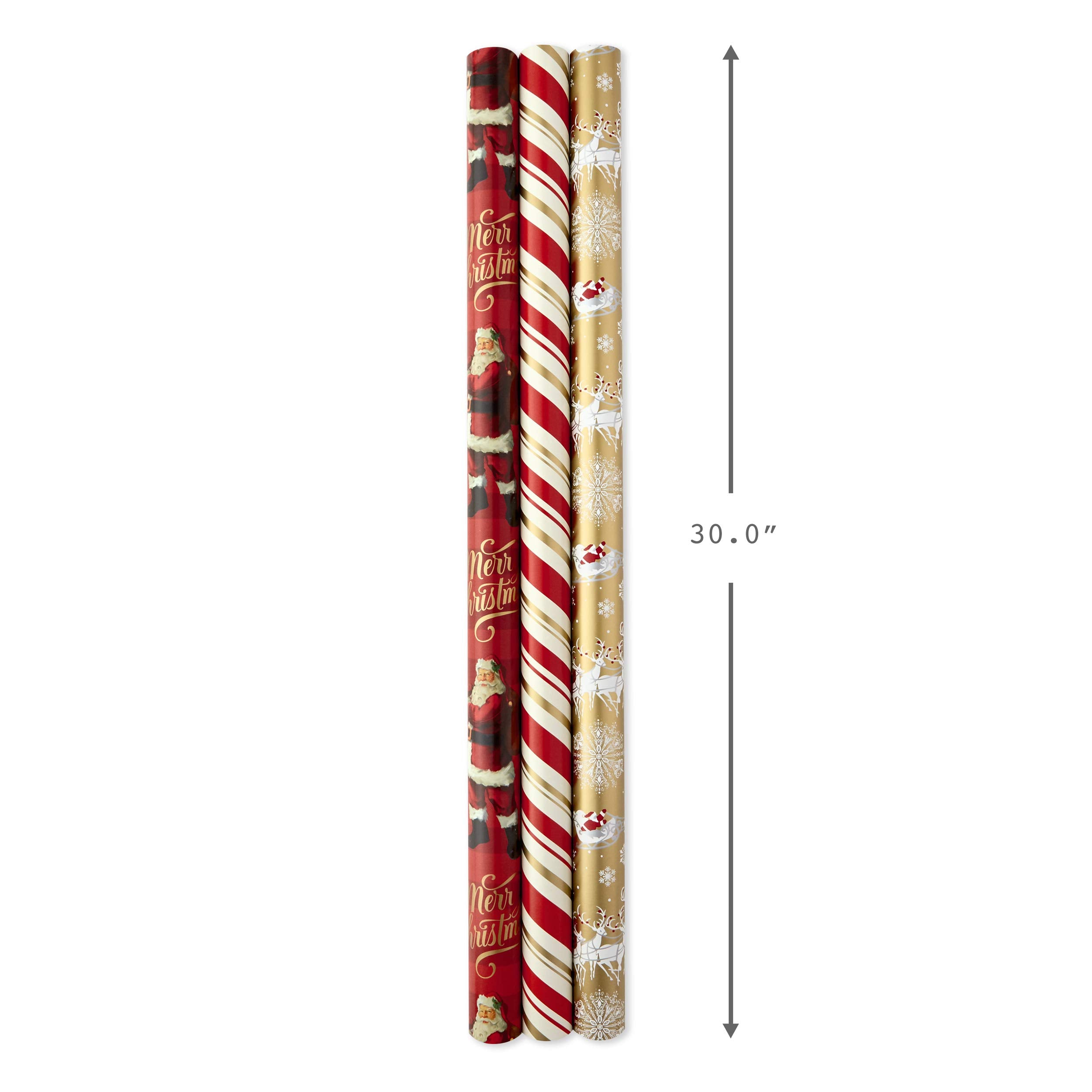 Hallmark Christmas Wrapping Paper Rolls - Traditional Holiday Gift Wrap Paper (Set of 3 Reversible Rolls: 120 sq. ft. Ttl) Red and Gold Snowflakes, Stripes, Plaid, Santa's Sleigh