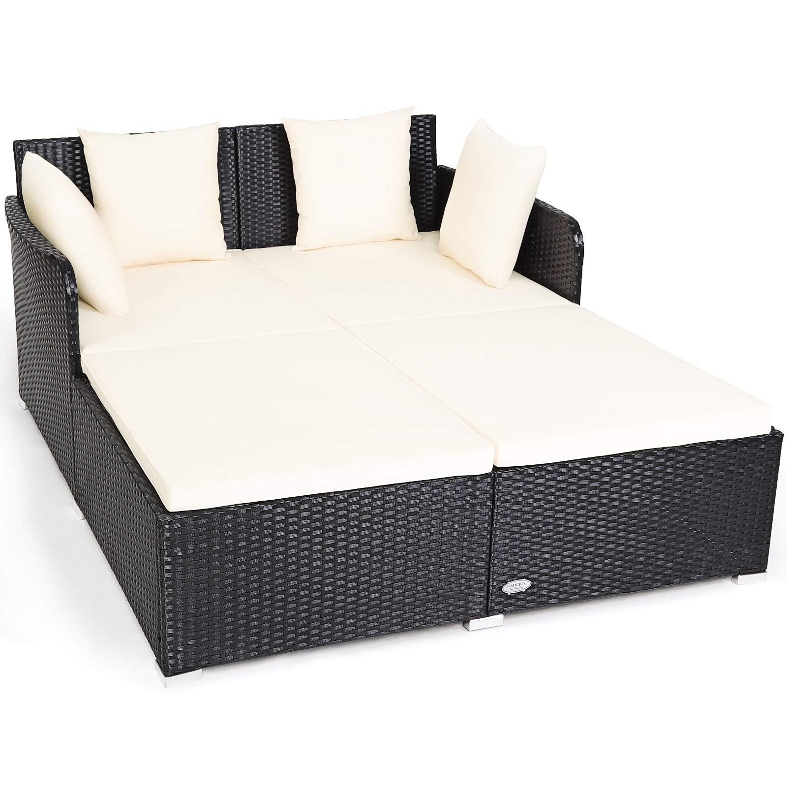 Tangkula Patio Rattan Daybed with Retractable Canopy, Outdoor Wicker Sunbed Lounger with 2 Foldable Side Tables, Thick Seat & Back Cushions, Outside Double Daybed for Garden, Backyard, Porch