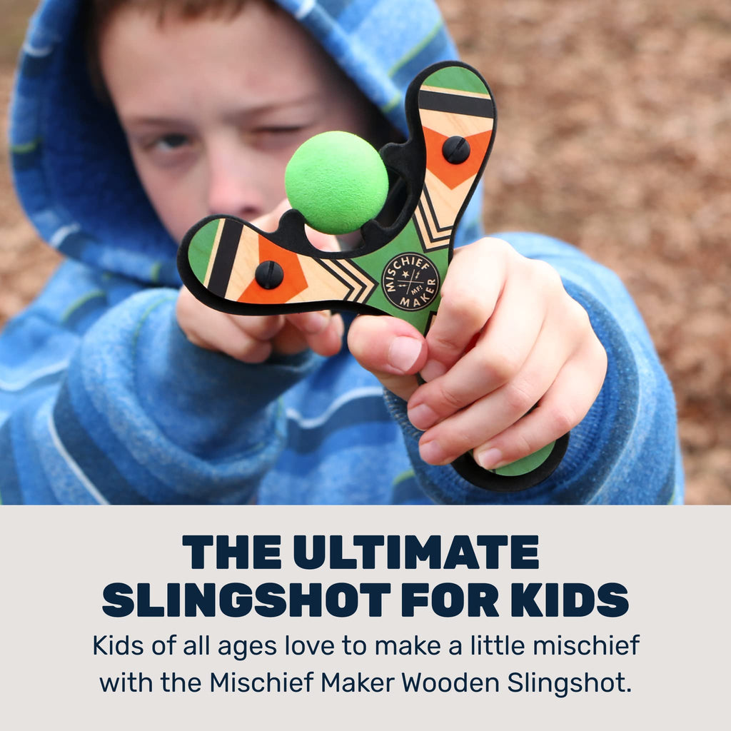 Mighty Fun! - Mischief Maker® Wooden Slingshot - Classic Series - Real Wood Slingshot for Kids, 4 Soft Foam Balls and Storage Bag - Ages 4+ (red)