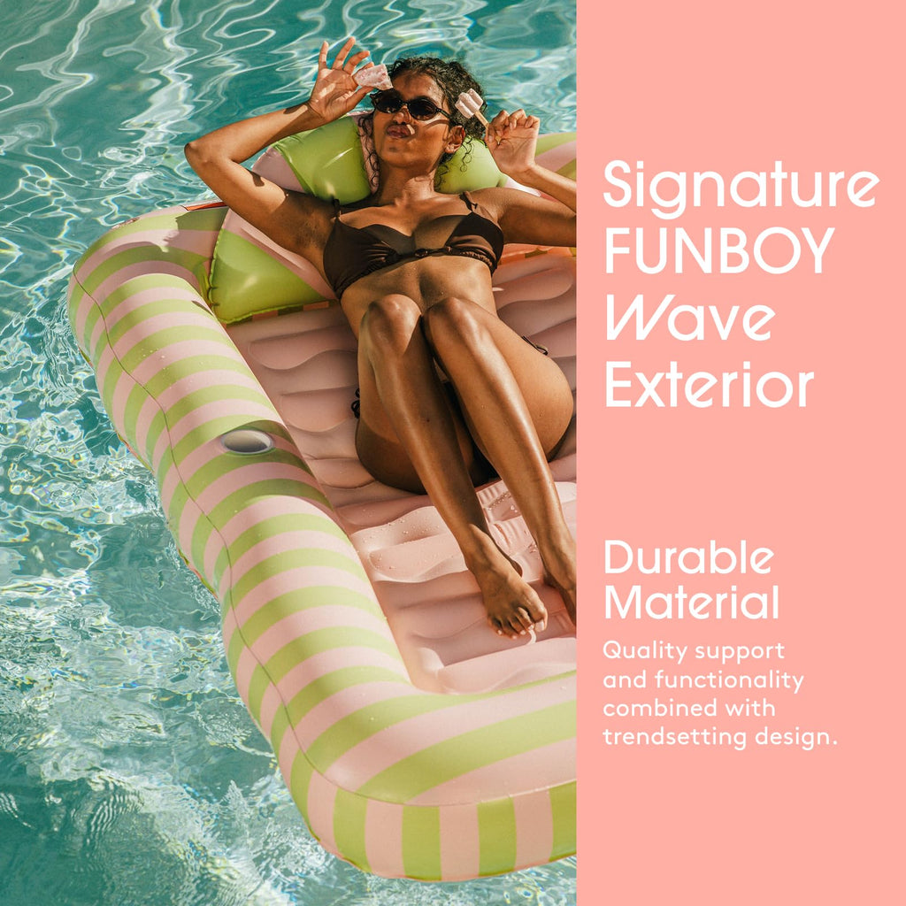 FUNBOY Tanning Pool Lounger Float, XL 72'' x 48'' Pool Float with Custom Pillow and Large Cup Holder, Perfect for Pool or Backyard.