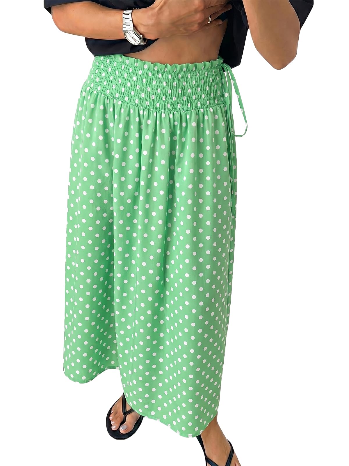 Tankaneo Womens Polka Dot Maxi Skirts Boho Smocked High Waisted Tie Skirt Casual Beach Vacation Dress